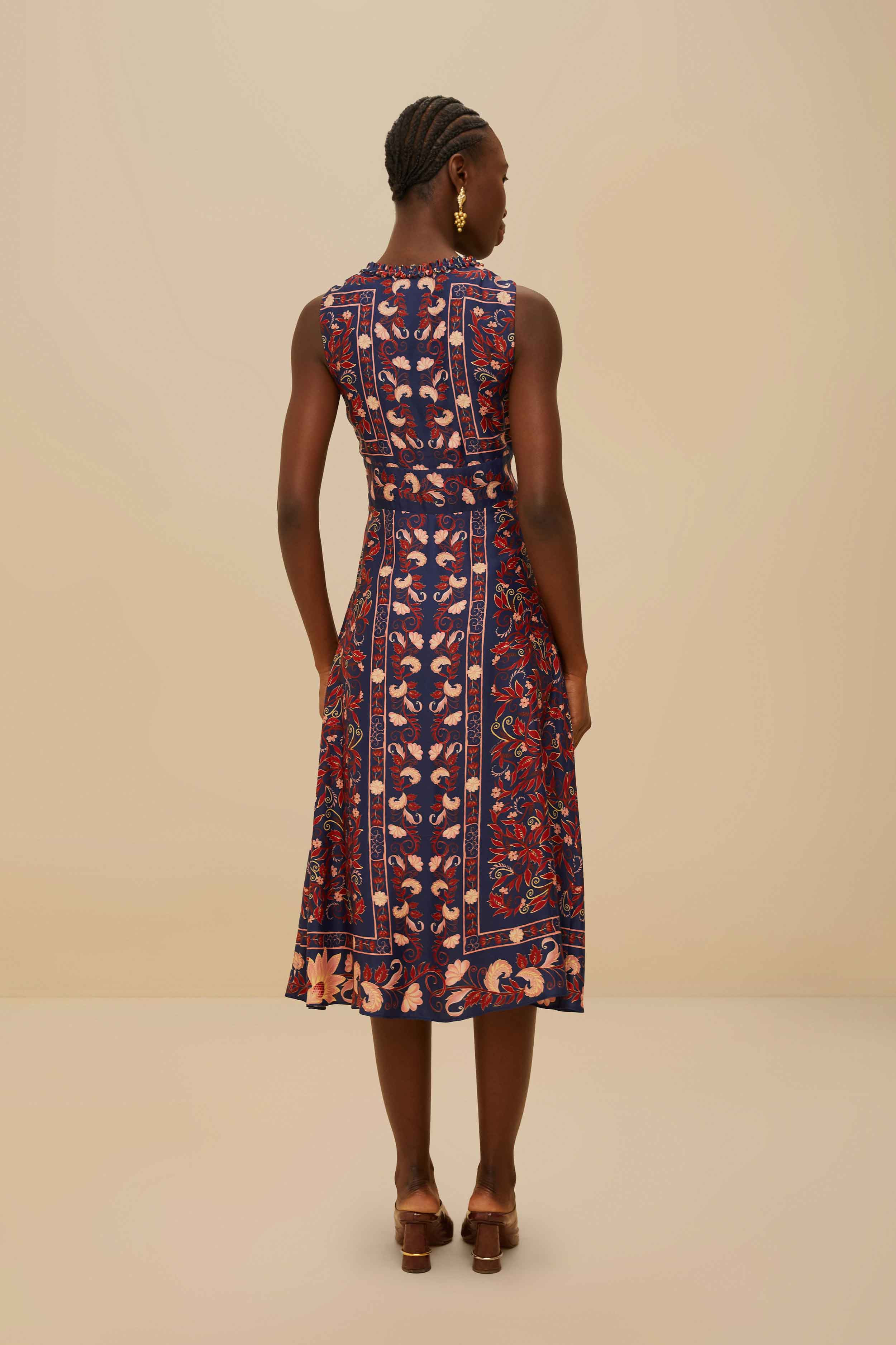 Boho Floral Scarf Navy Blue Midi Dress - 4