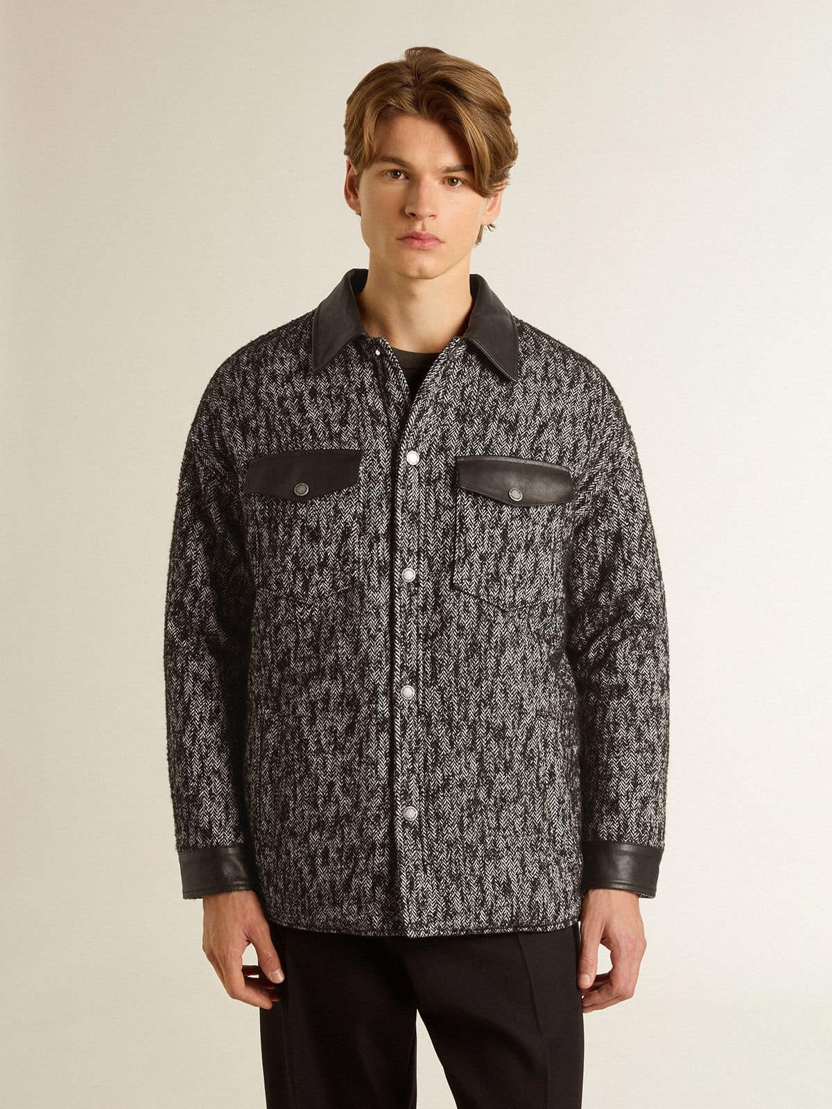 Gray herringbone jacket with black leather details - 2