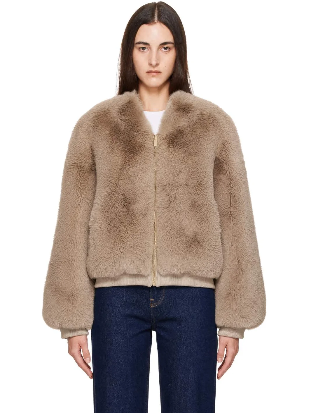 Taupe Senna Collarless Faux-Fur Jacket - 1