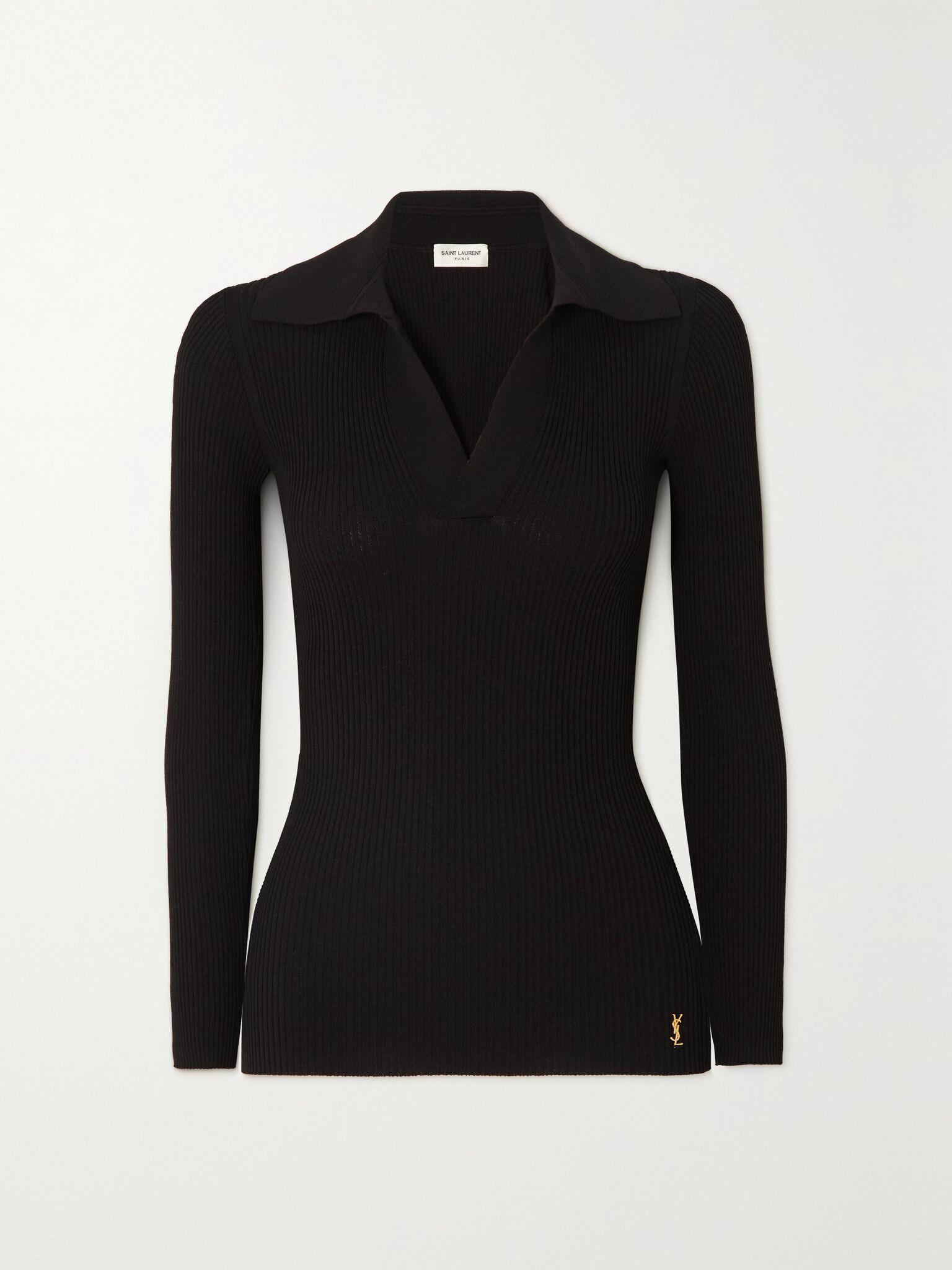 Embellished ribbed-knit polo sweater Black - 1