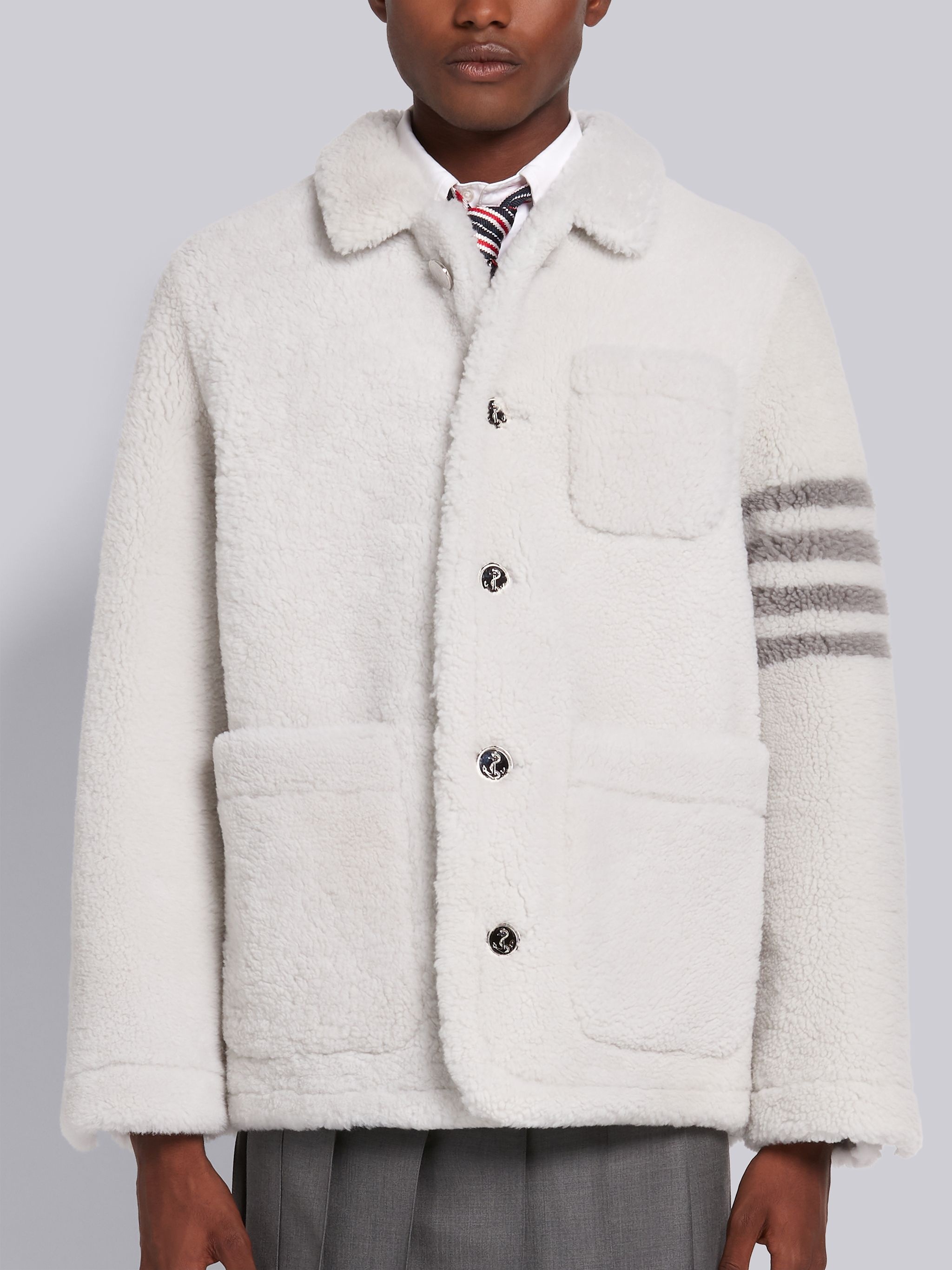 White Dyed Shearling Round Collar 4-Bar Sack Jacket - 1