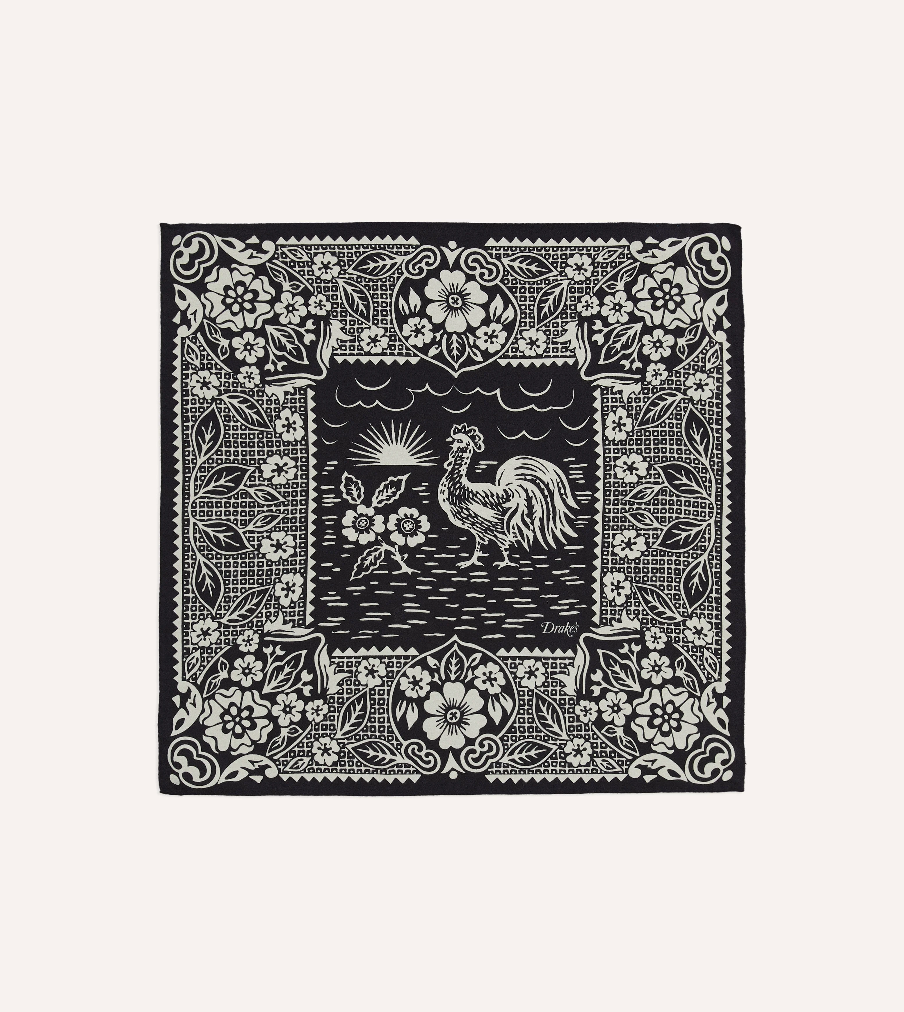Navy Cockerel Print Silk Pocket Square - 1