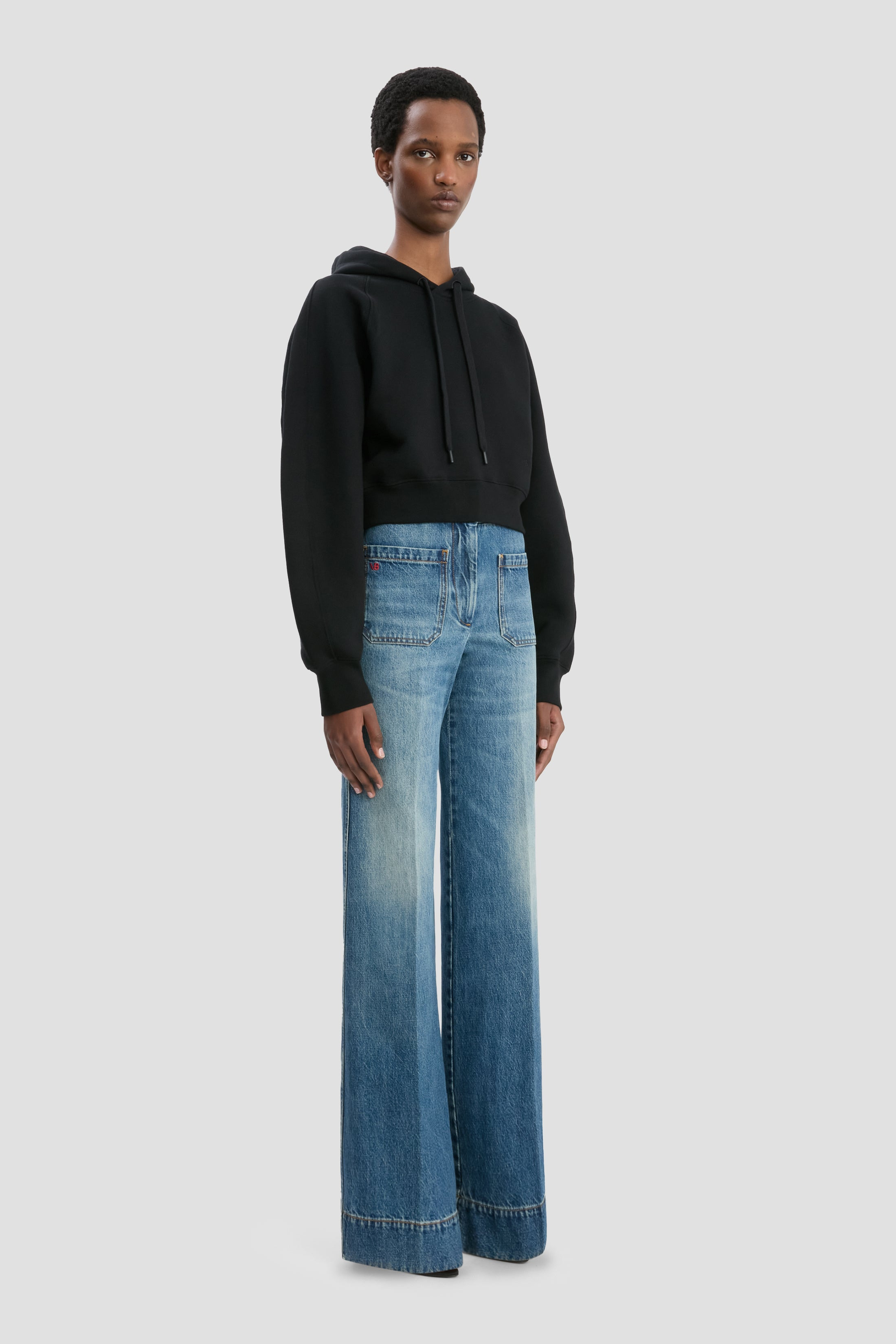 Cropped Raglan Hoodie In Black - 3