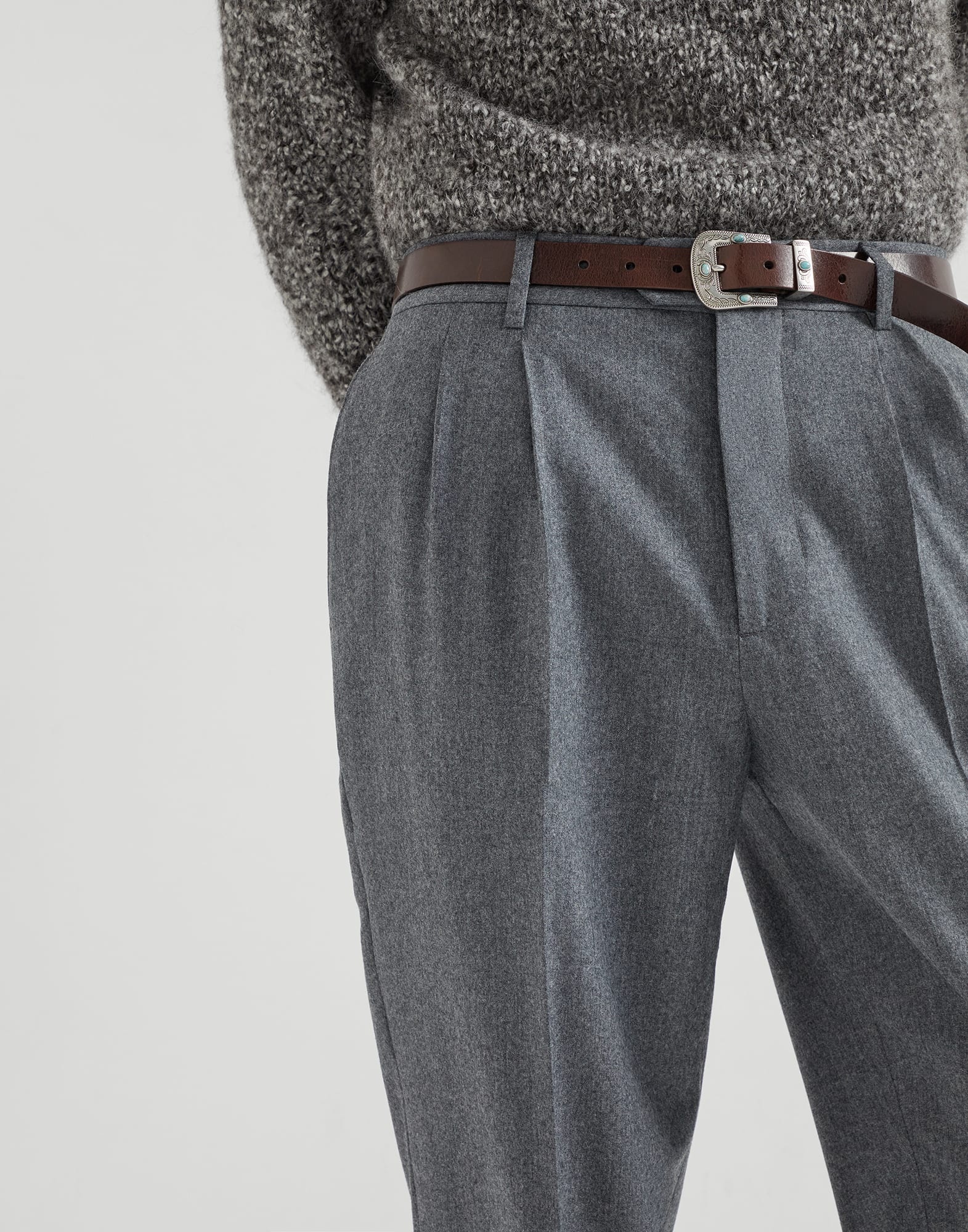 Virgin wool flannel leisure fit trousers with double pleats - 3