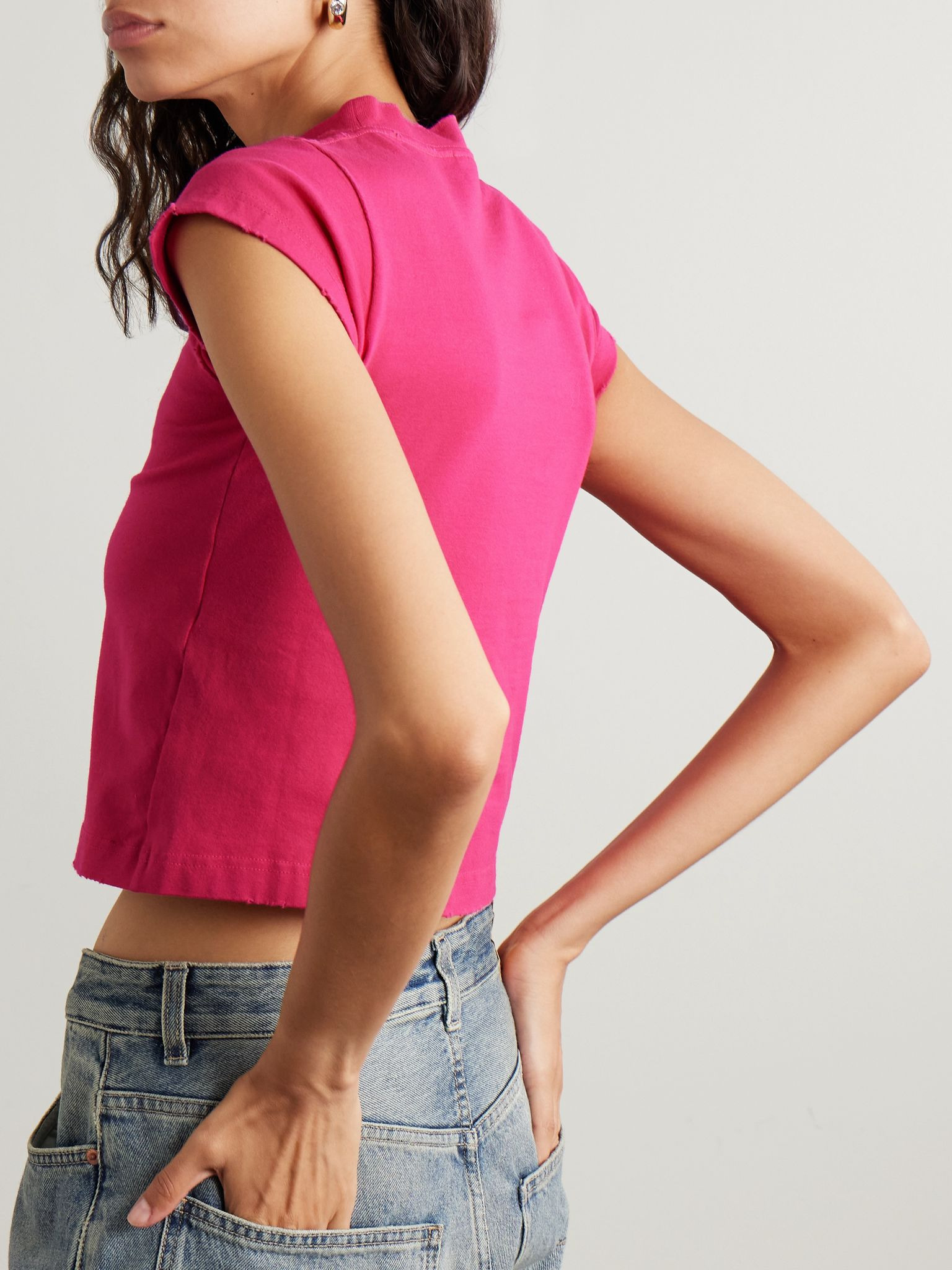 Cropped distressed printed cotton-blend jersey T-shirt Magenta - 3