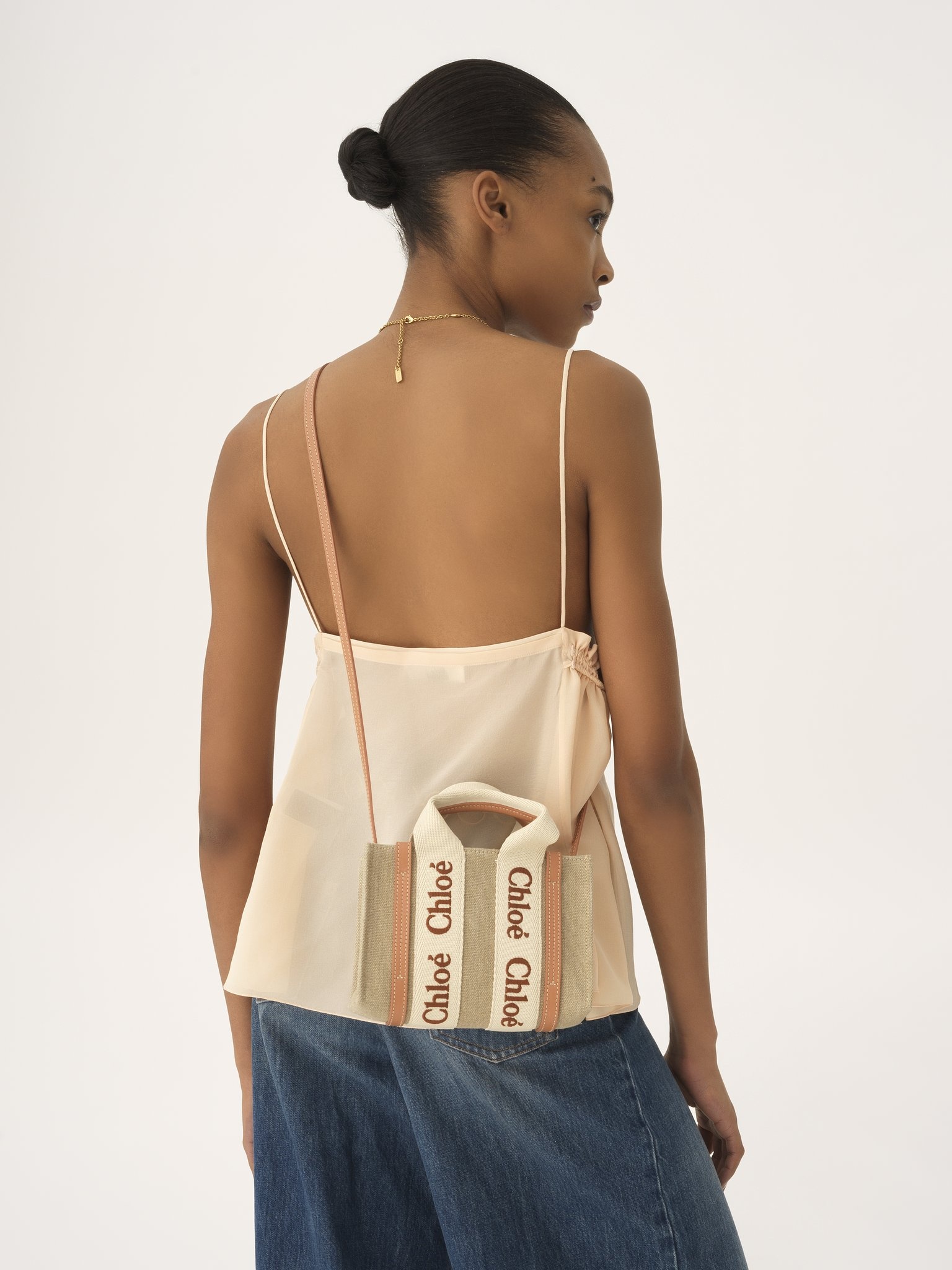 MINI WOODY TOTE BAG IN LINEN & LEATHER - 2