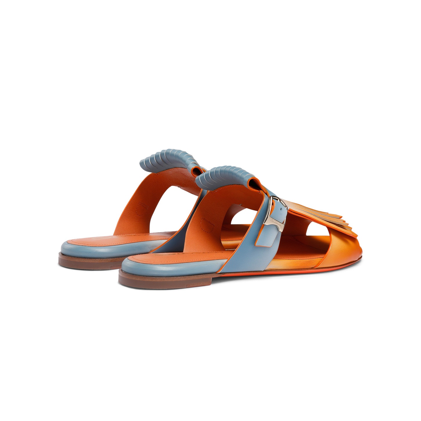 Women's orange and light blue leather Dua slide sandal with fringe - 4
