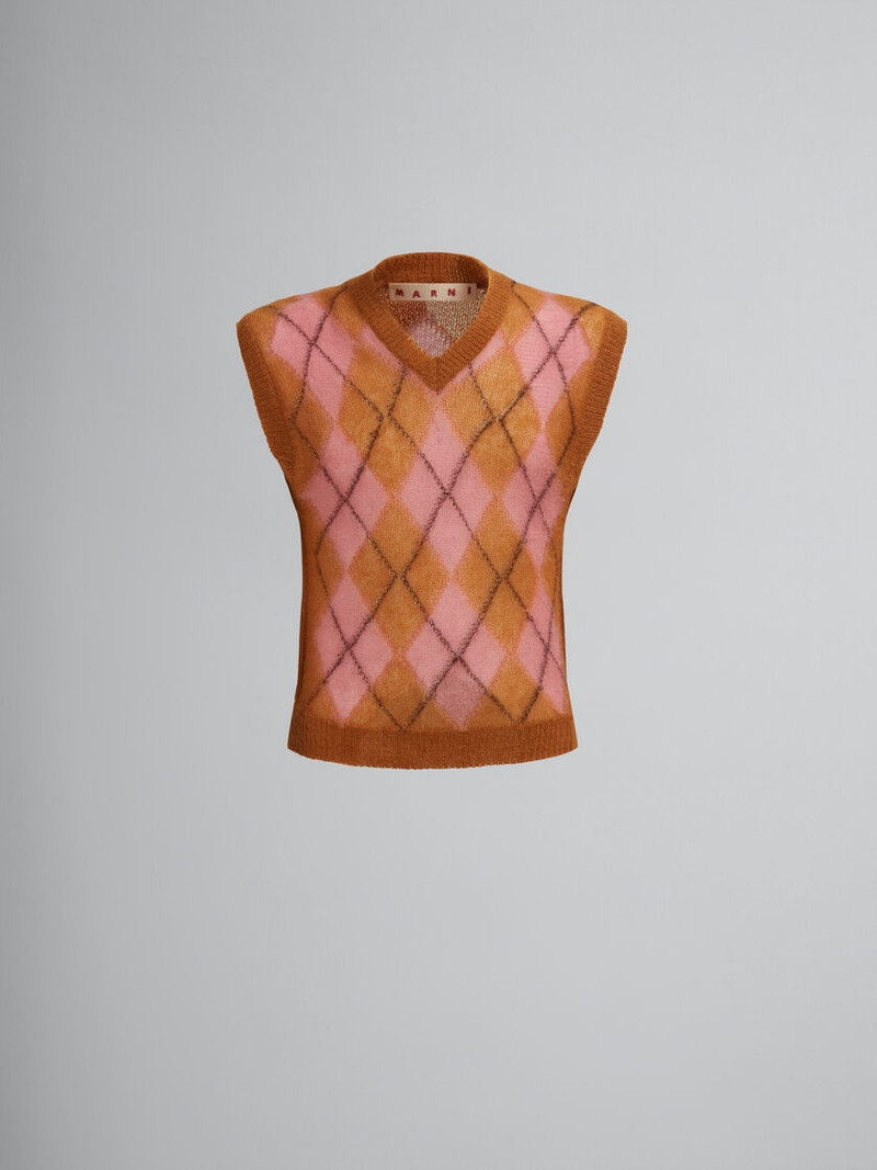 BROWN MOHAIR ARGYLE VEST WITH FLOATING THREADS 1
