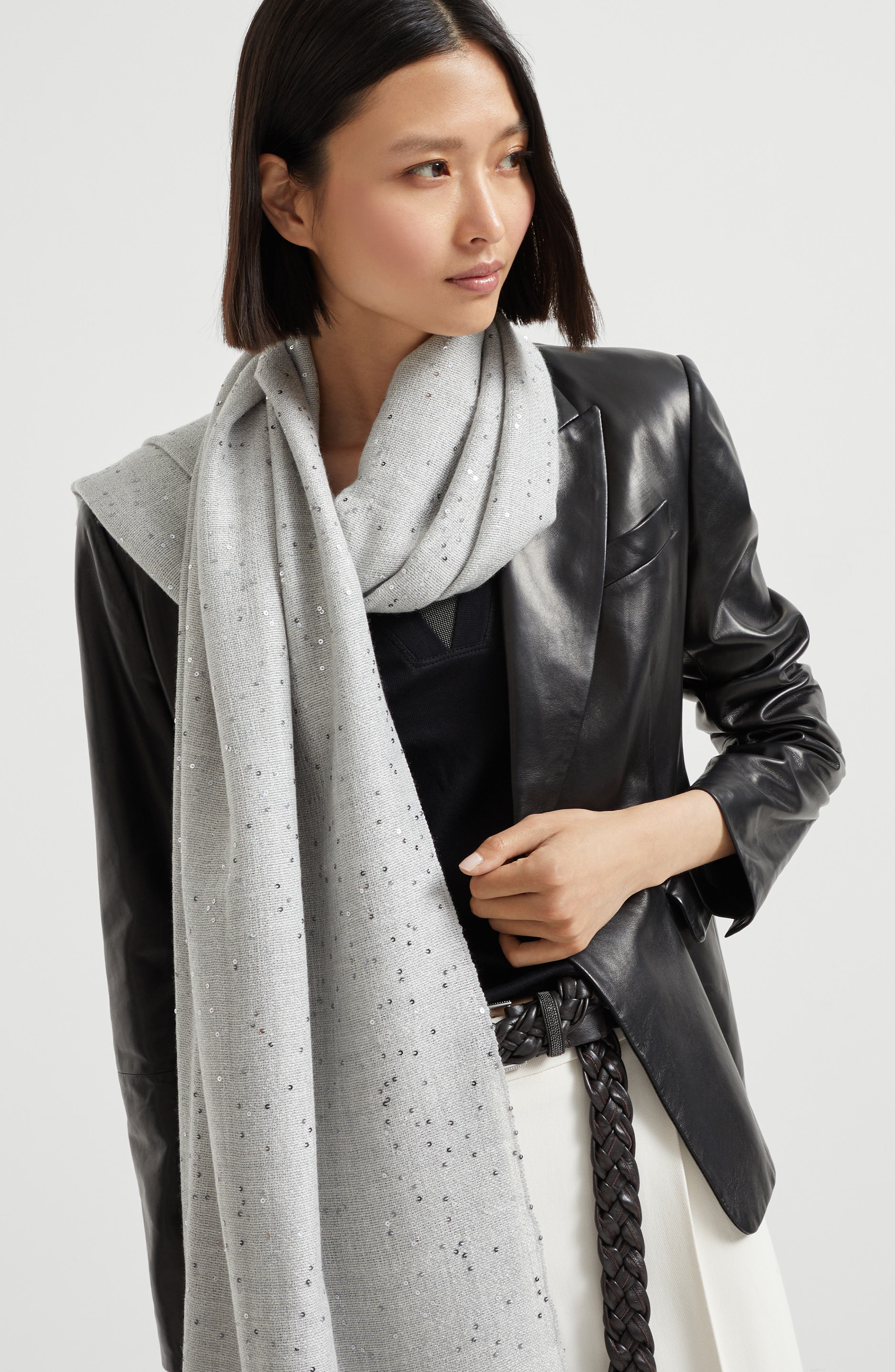 Brunello Cucinelli Cashmere and silk Diamond yarn scarf in Light Grey at Nordstrom - 5