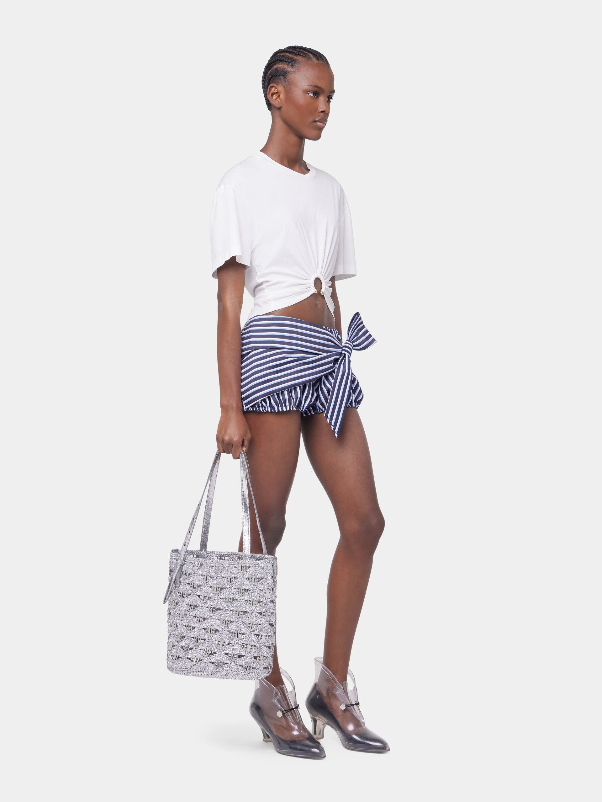 STRIPED WHITE AND BLUE MINI SHORTS IN COTTON POPLIN - 4