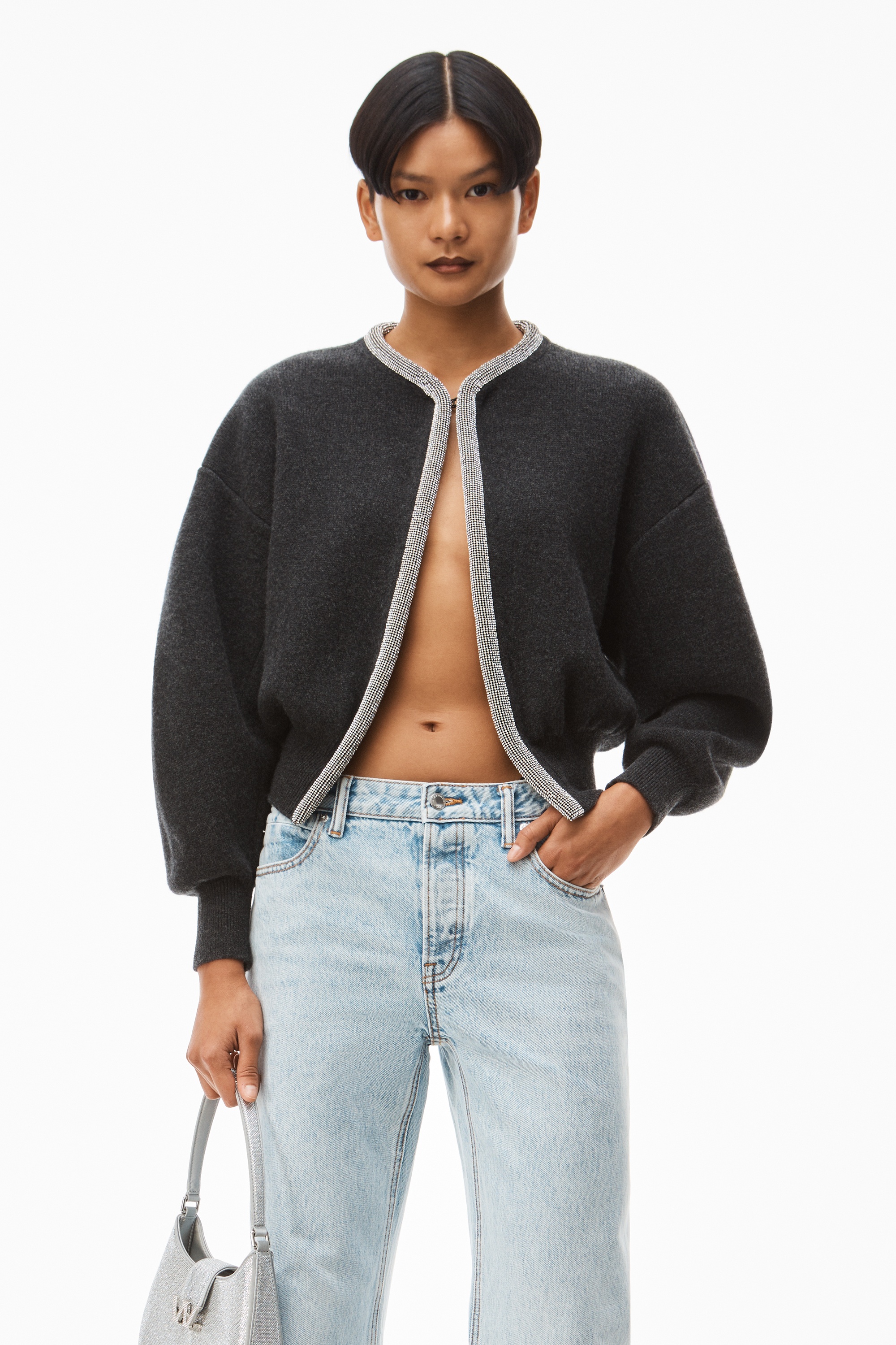 ALEXANDER WANG Cropped crystal-embellished stretch-knit cardigan