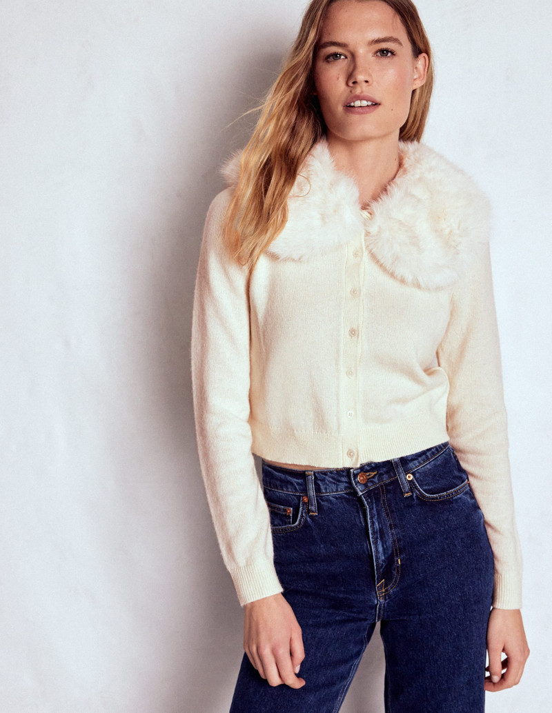 Fur Collar Cropped Cardigan-Warm Ivory - 1
