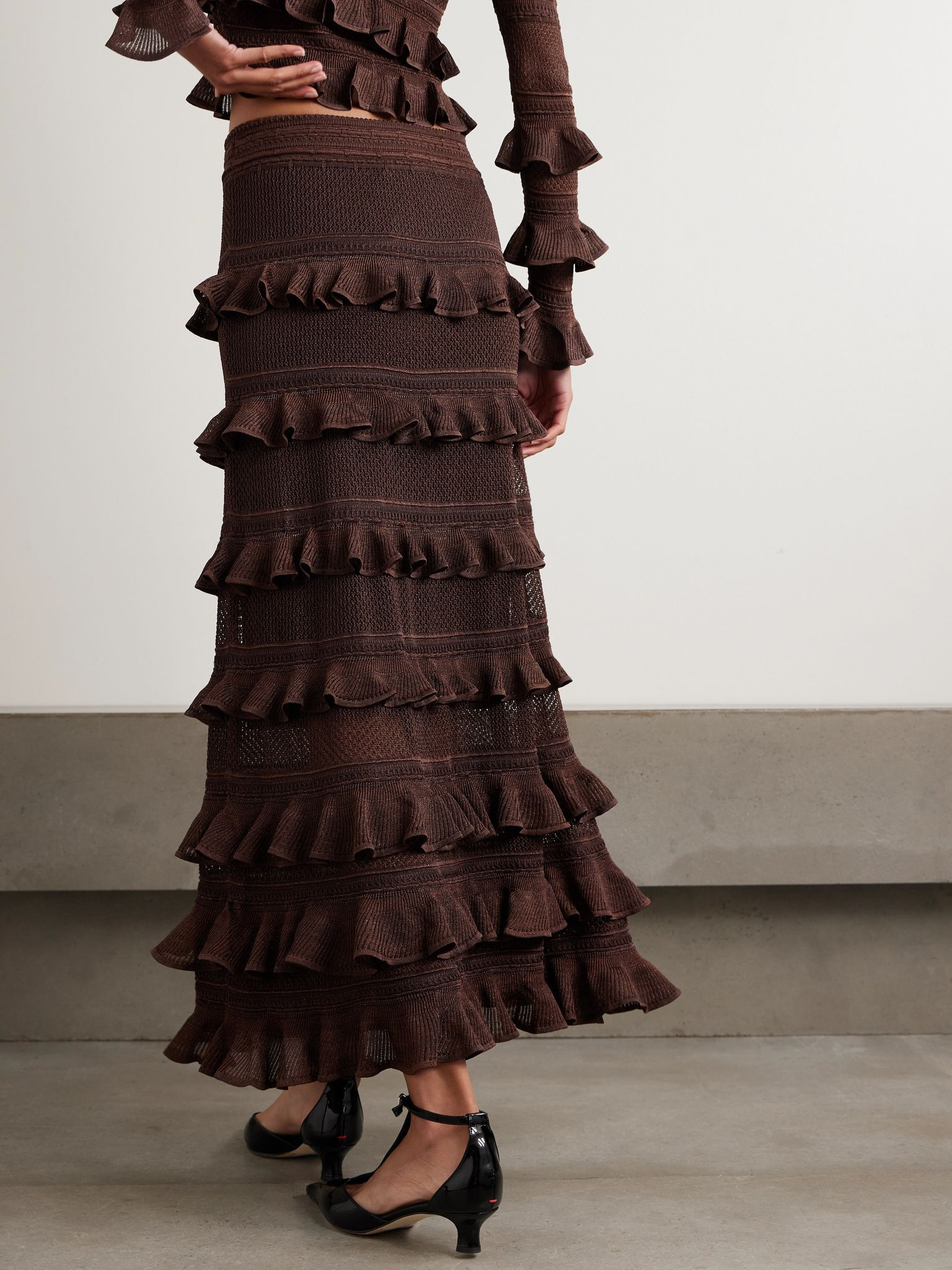 Metallic ruffled pointelle-knit maxi skirt Chocolate - 3