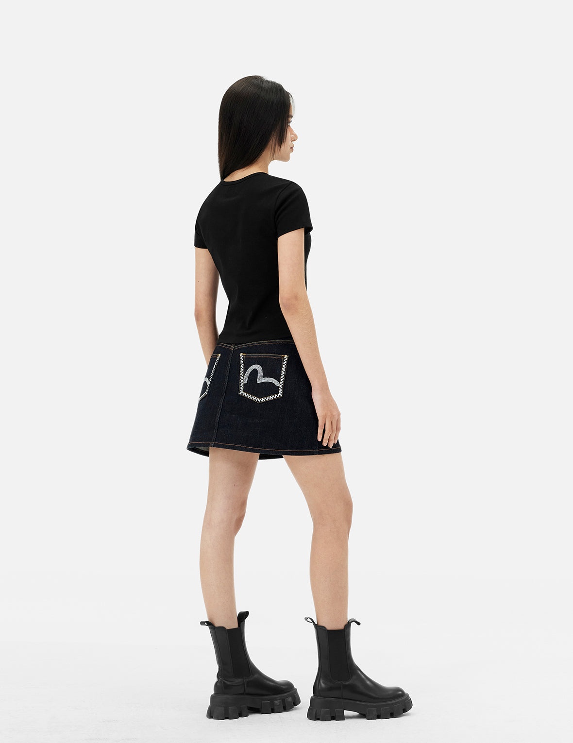 Seagull Embroidery Regular Fit Denim Skirt - 4