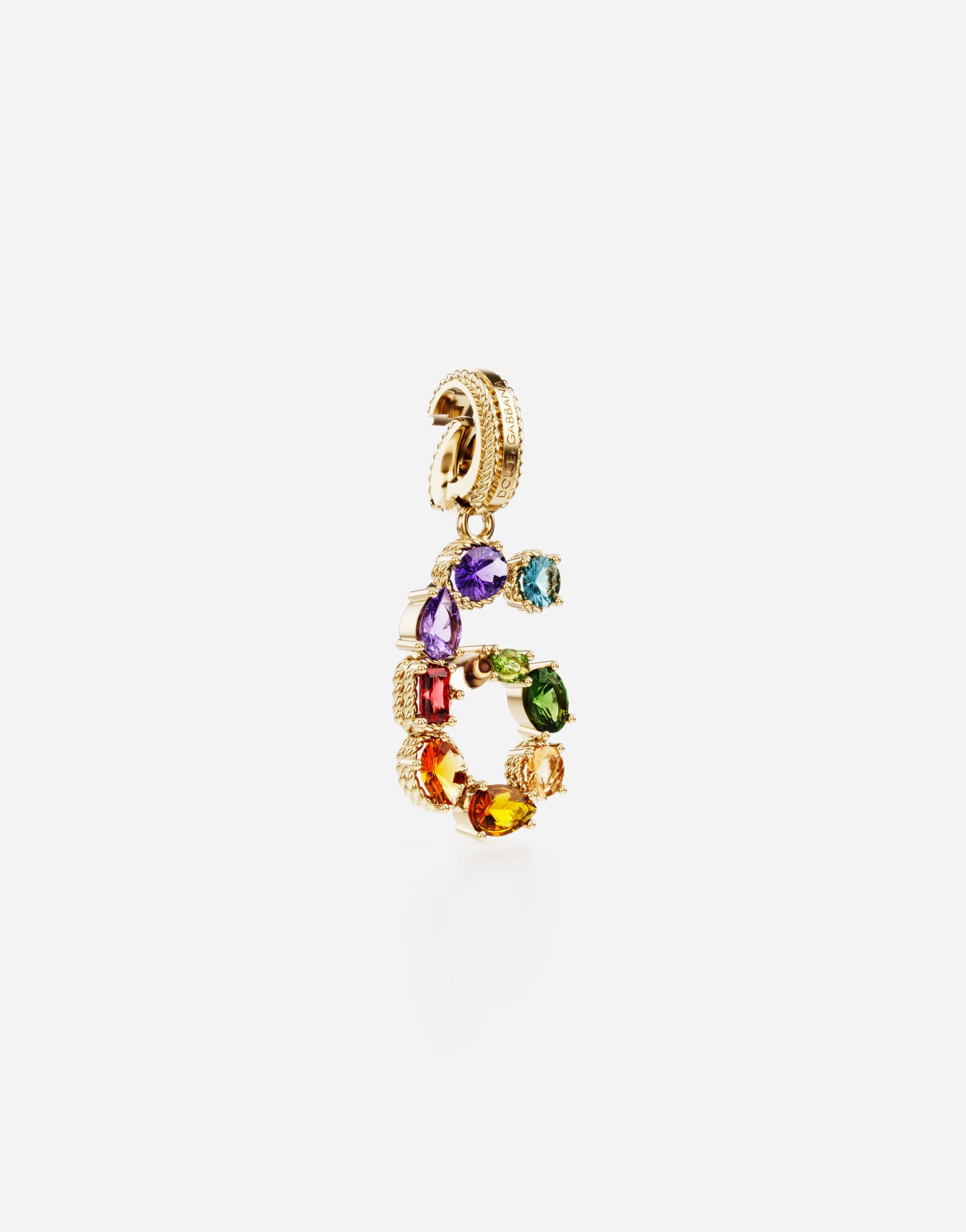 18 kt yellow gold rainbow pendant  with multicolor finegemstones representing number 6 - 2