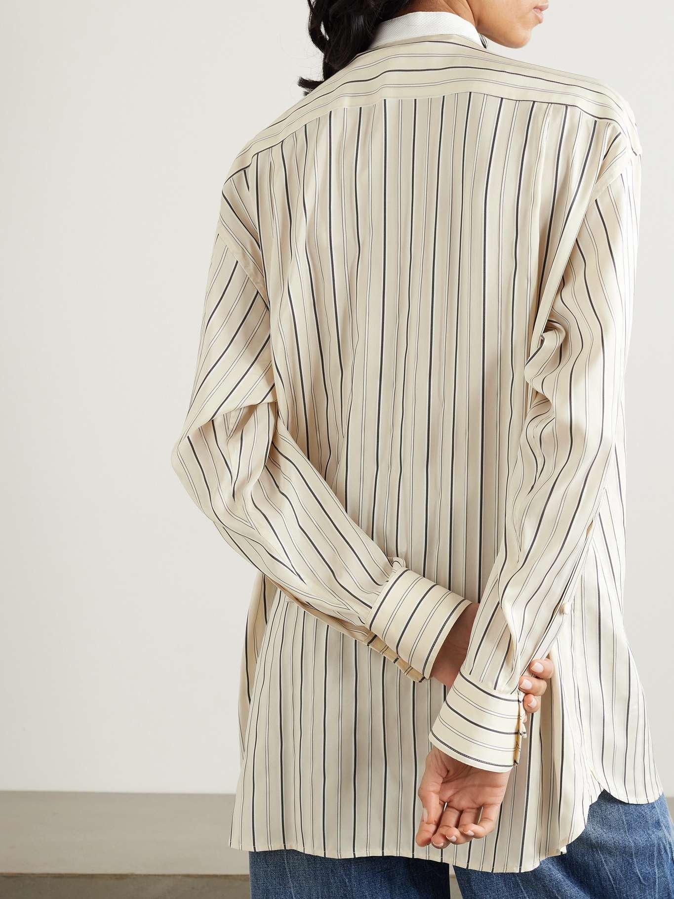 + NET SUSTAIN Plastron organic cotton-paneled striped organic silk-blend shirt - 4