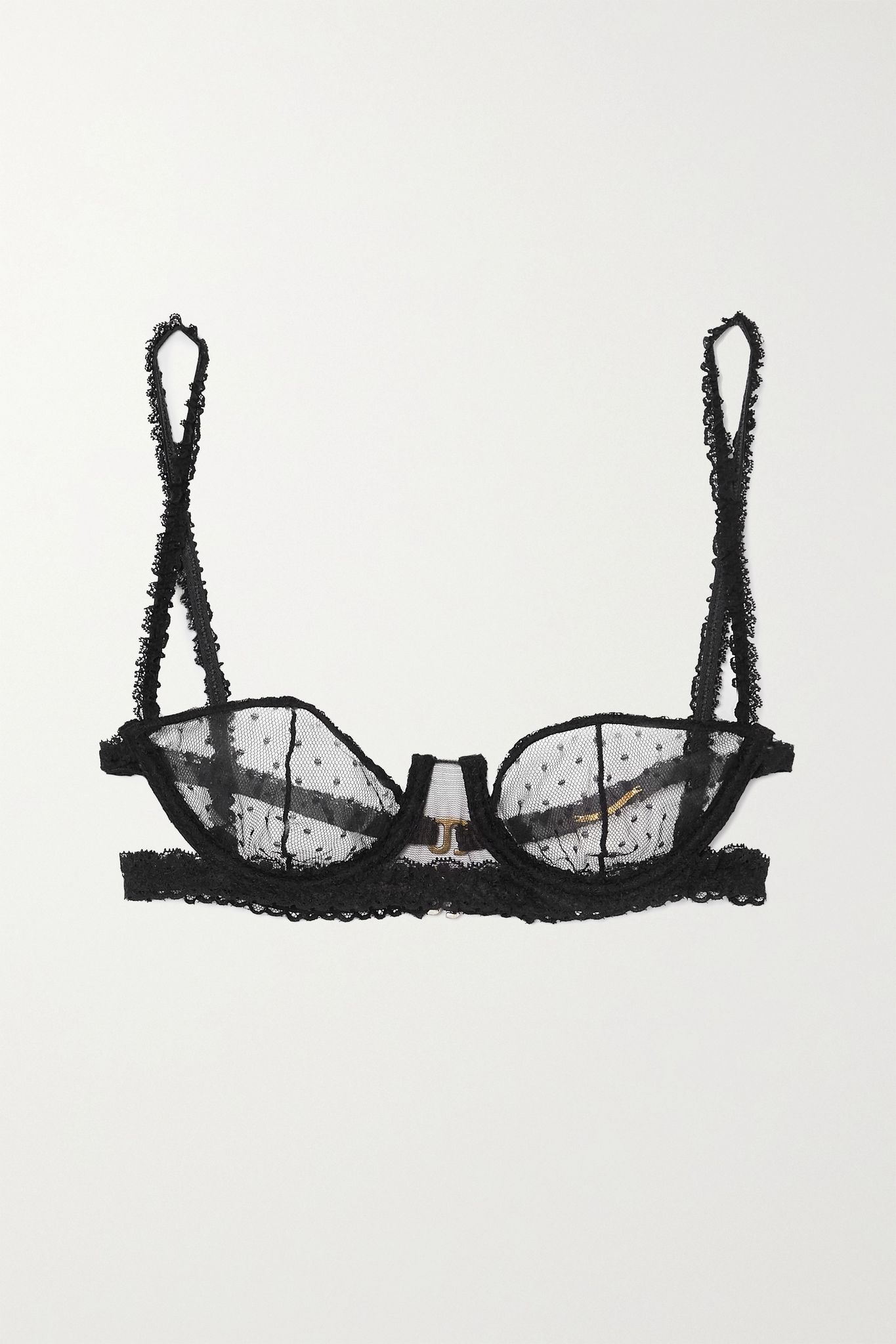 Lace-trimmed point d'esprit tulle underwired balconette bra - 1