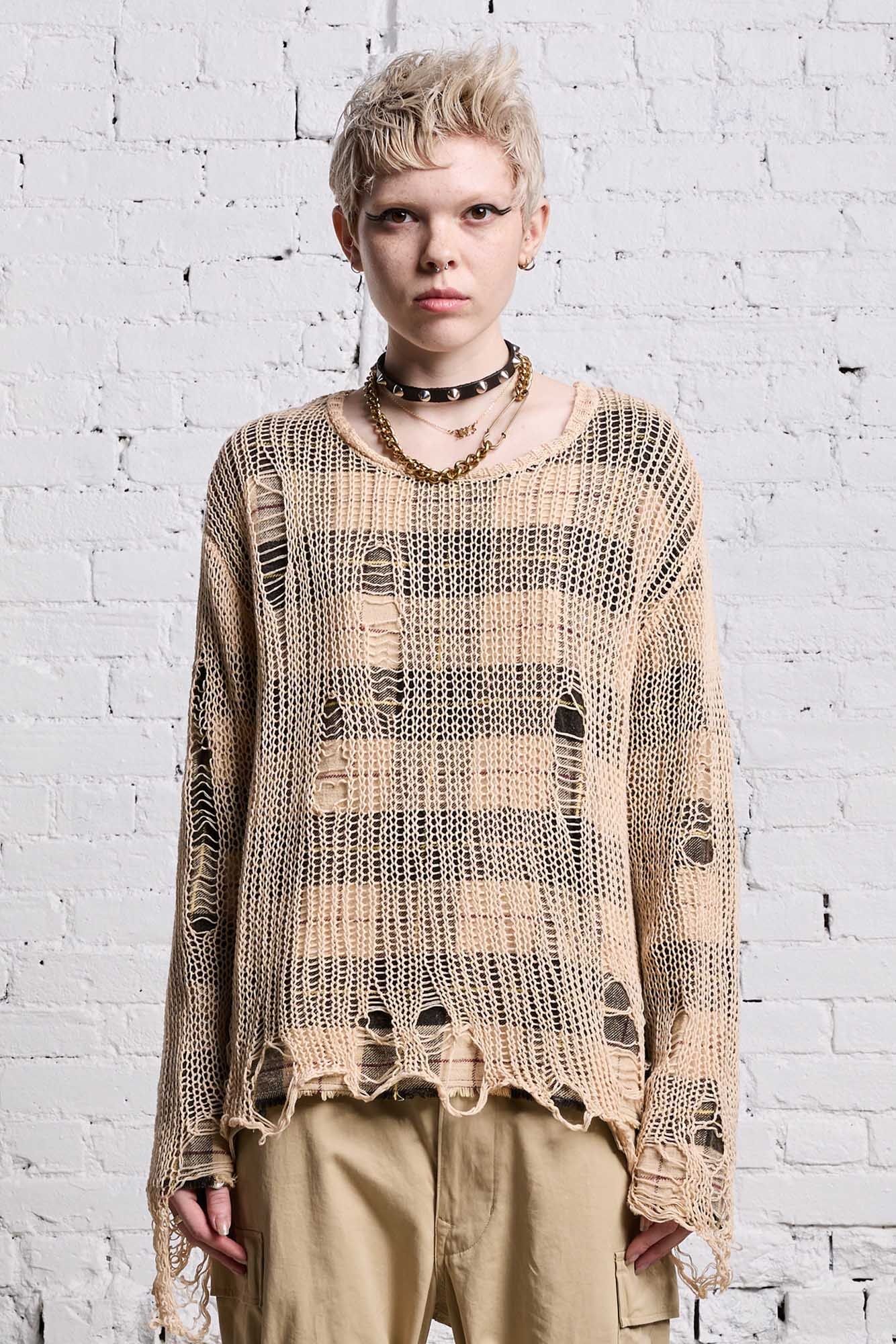 RELAXED OVERLAY CREWNECK - CREAM AND BLACK PLAID - 4