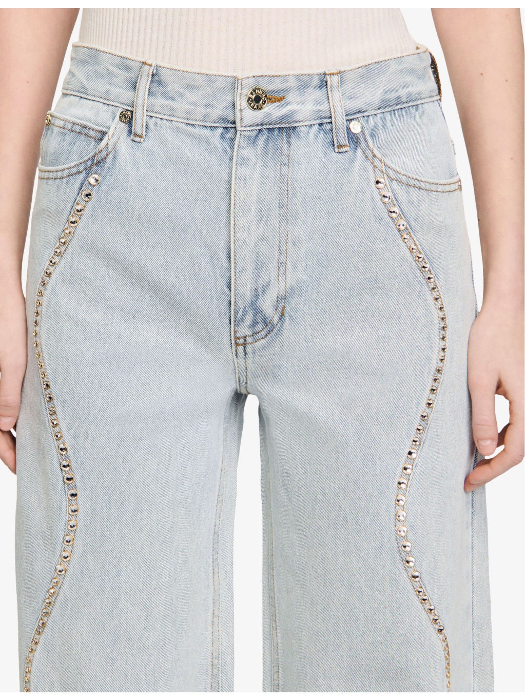 Rhinestone-Embellished Wide-Leg Denim Jeans - 5