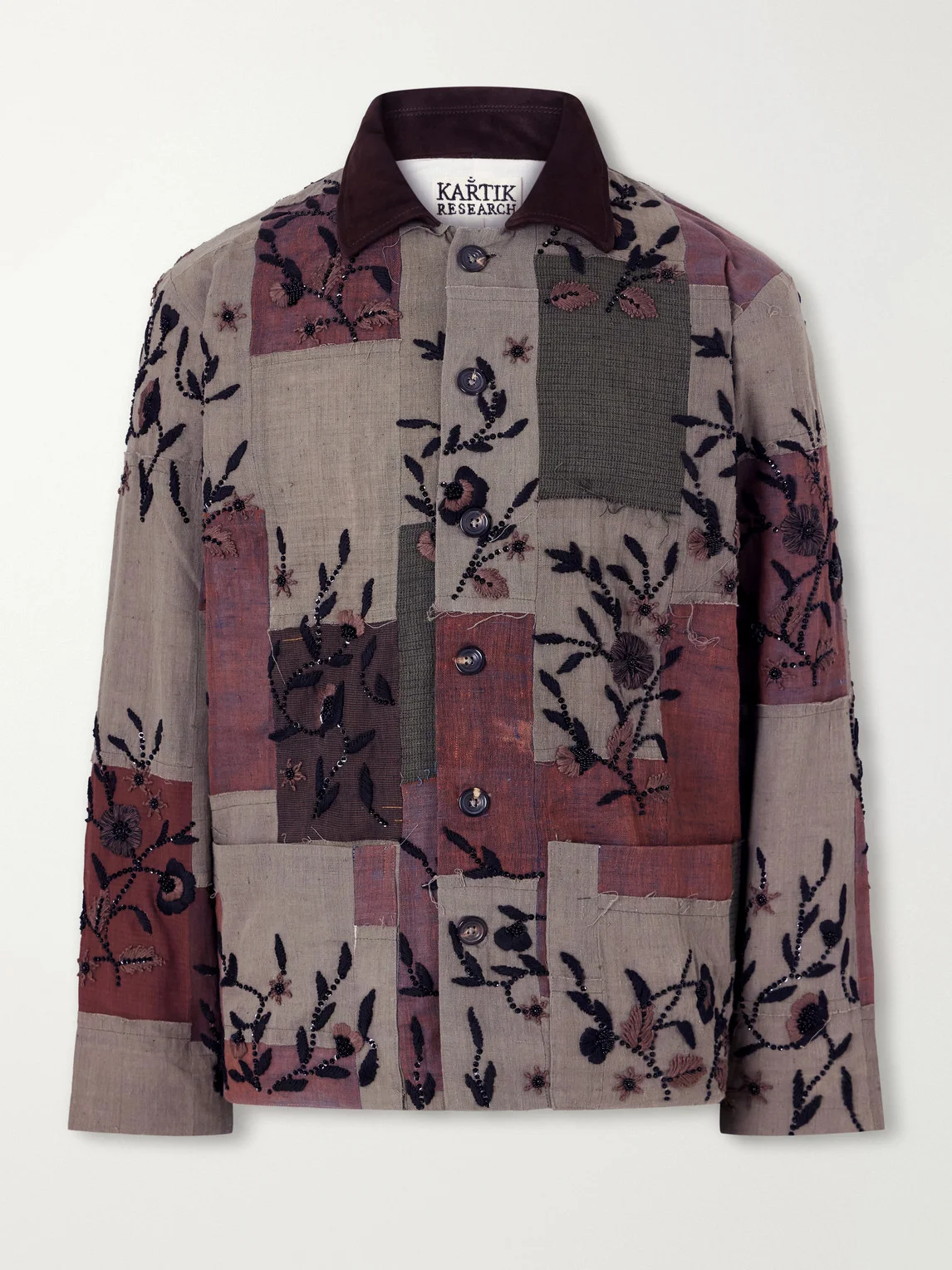 Embroidered Patchwork Suede-Trimmed Cotton Chore Jacket - 1