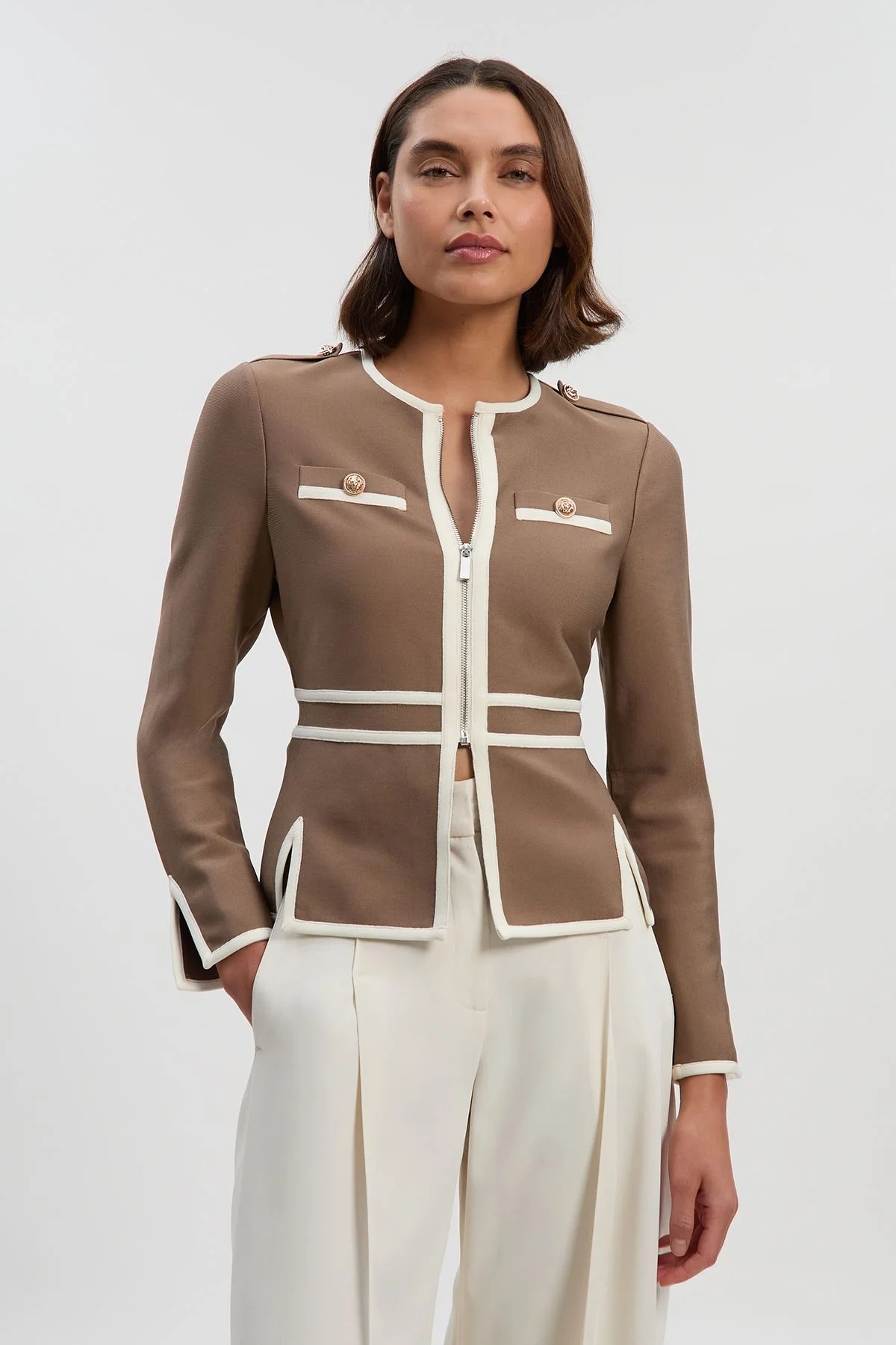 Petite Figure Form Bandage Military Contrast Piping Knit Split Hem Jacket - 1