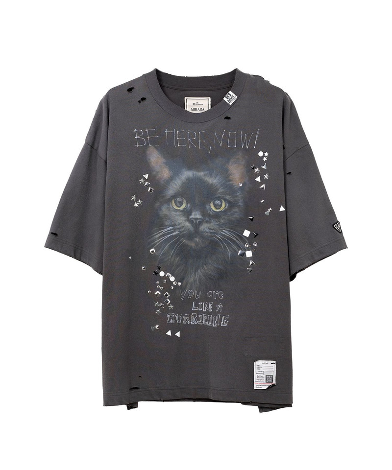 Cat Printed Embellished Distressed T-shirt 23