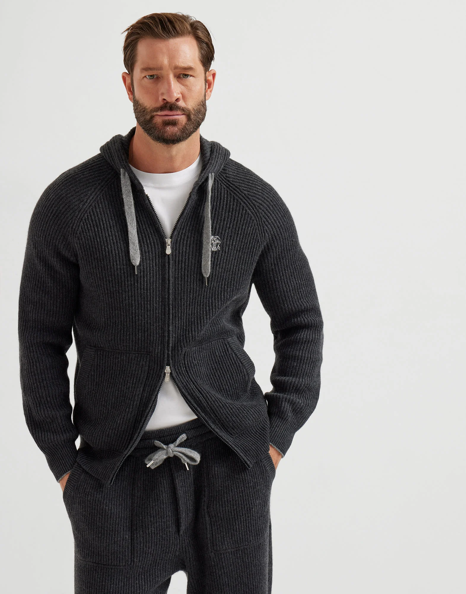 Cashmere English rib knit hooded sweatshirt with logo and zipper - 1