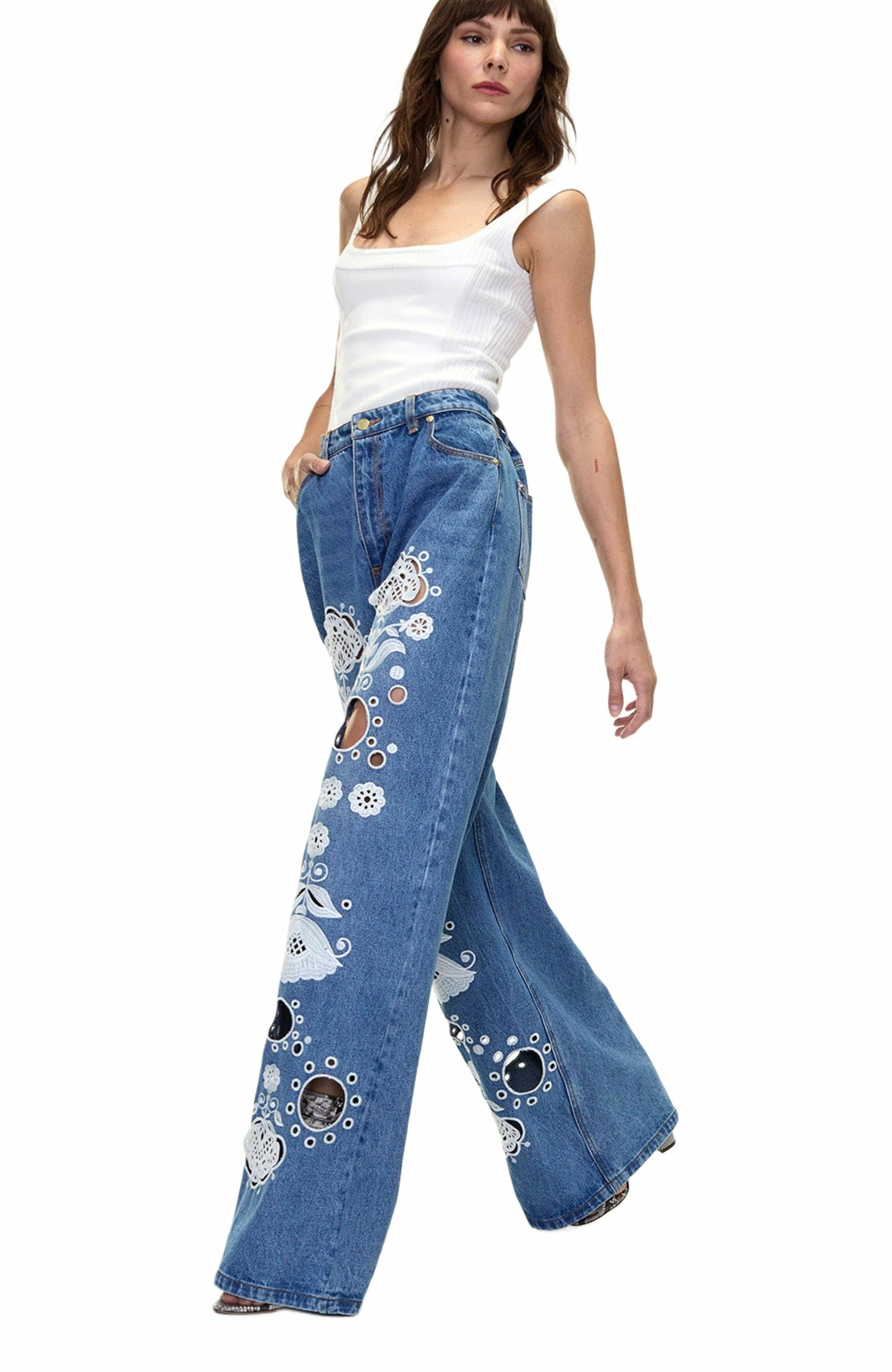 Cynthia Rowley Embroidered Wide-leg Jean in Blue/white at Nordstrom - 7