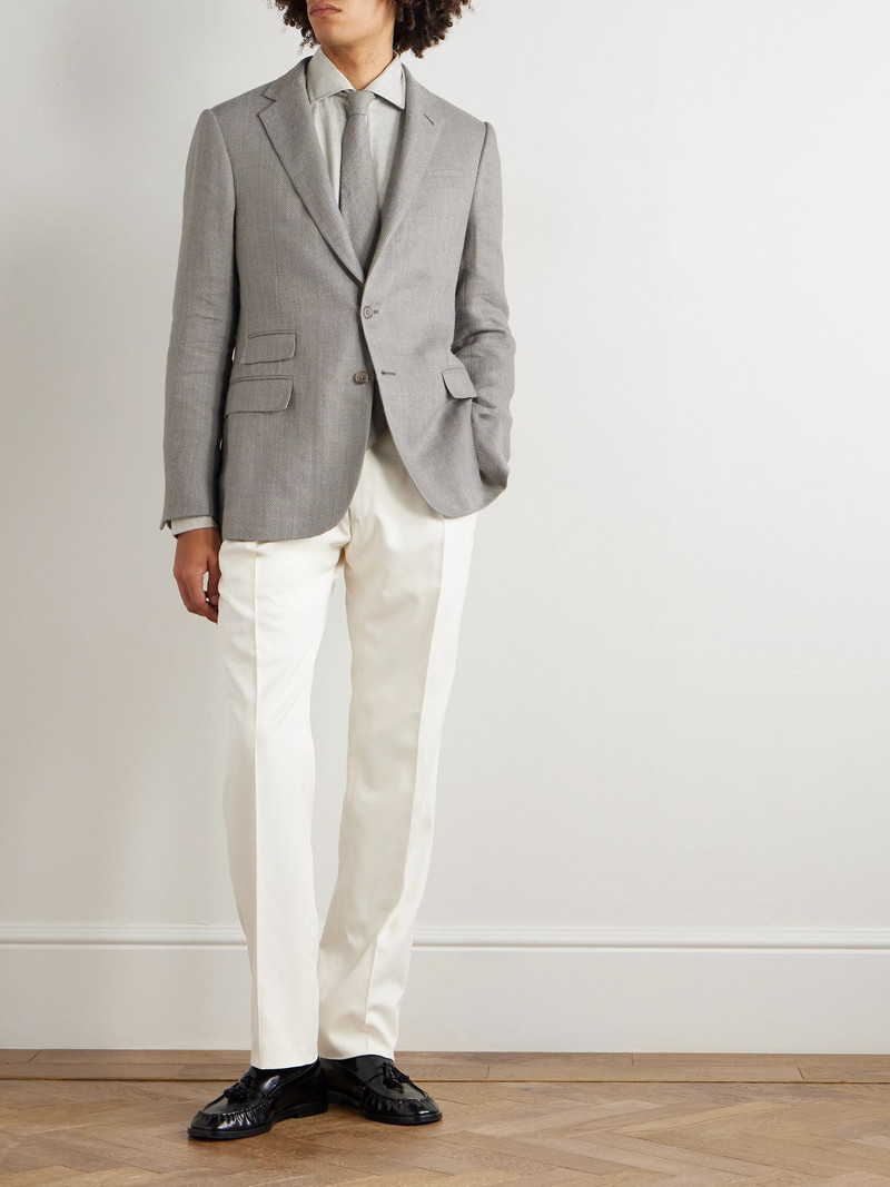 Ralph Lauren Kent Herringbone Linen, Silk and Cotton-Blend Suit Jacket Light gray outlook