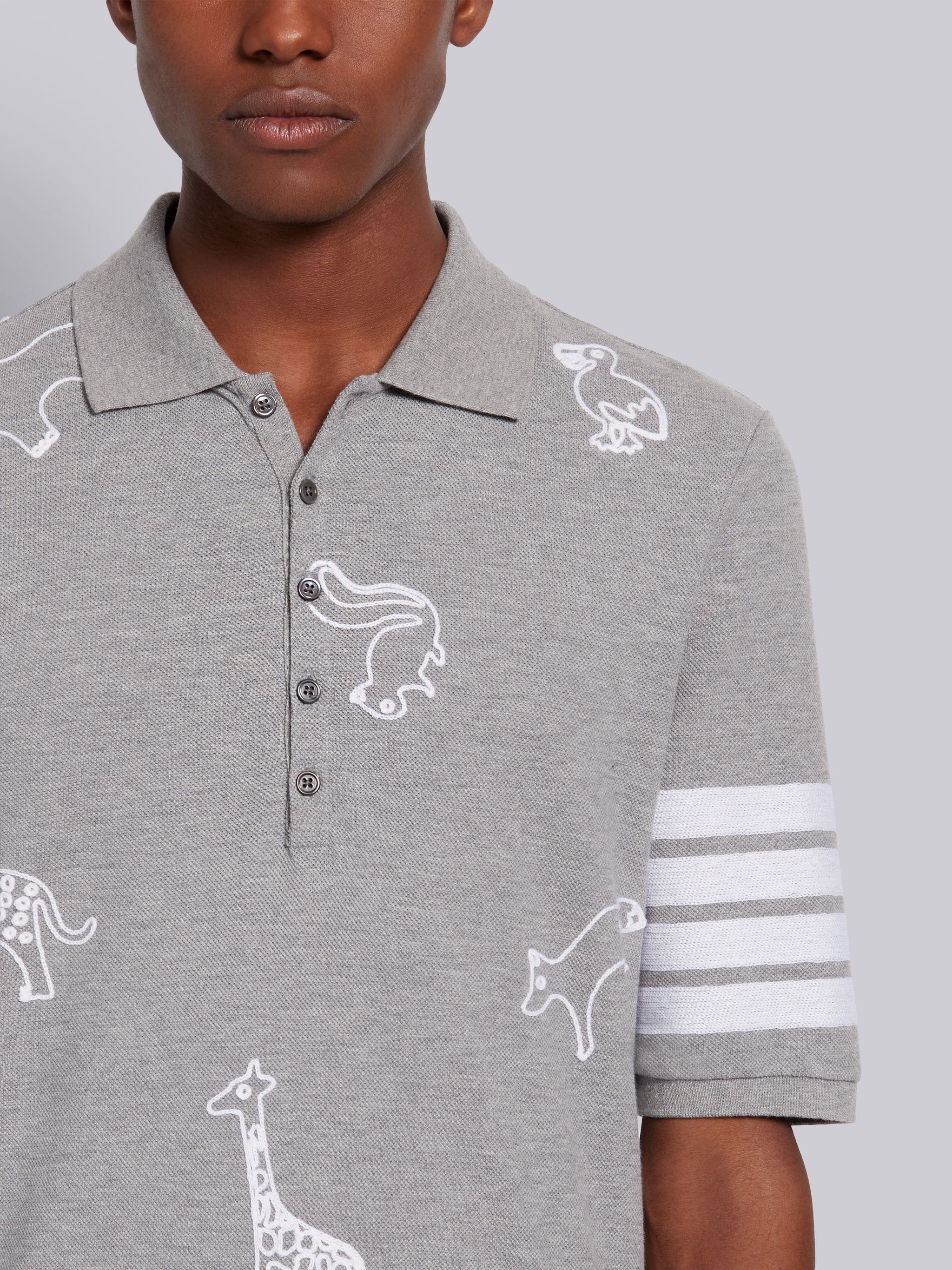 Light Grey Cotton Pique Multi-Animal Icon V-Neck 4-Bar Polo - 5