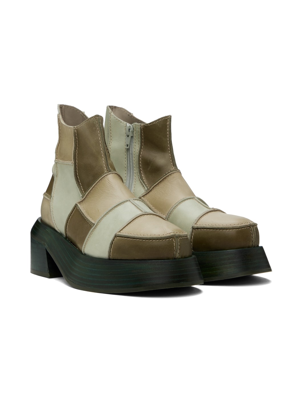 Khaki Patchwork Ankle Boots - 4
