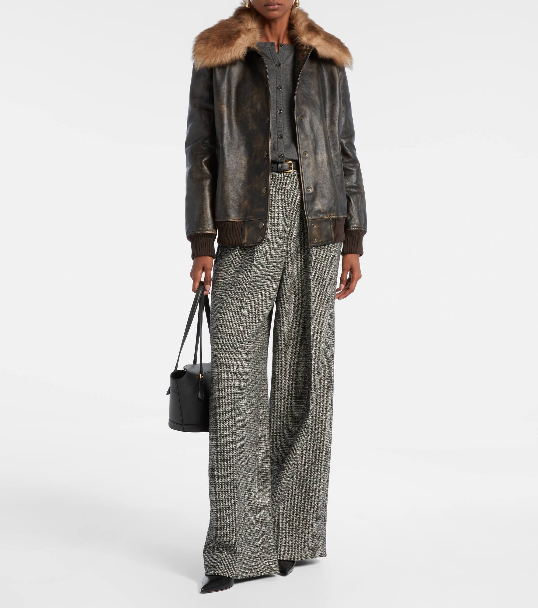 Shearling-trimmed leather bomber jacket - 2