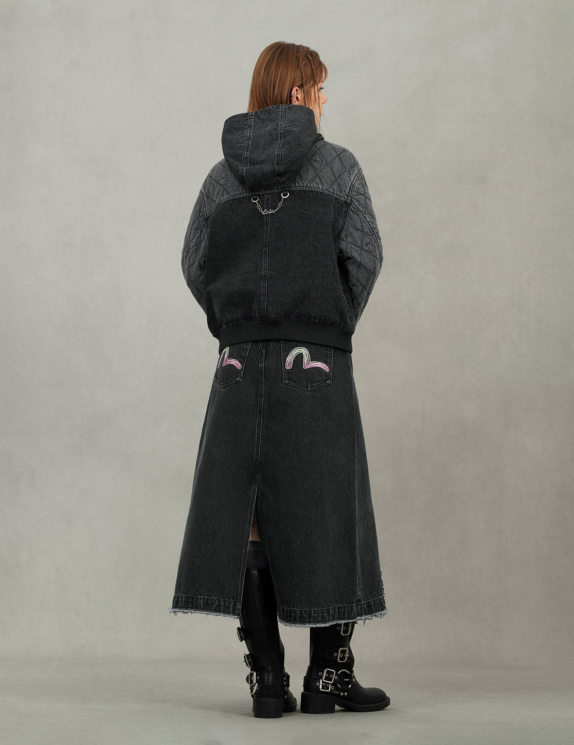 Seagull Embroidery Fashion Fit Hooded Padded Denim Jacket - 6