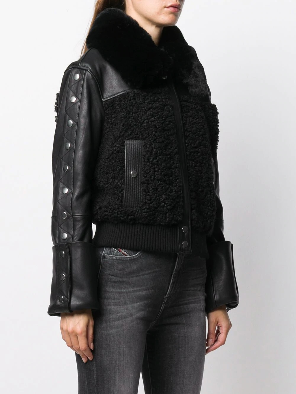 shearling panelled biker jacket - 3