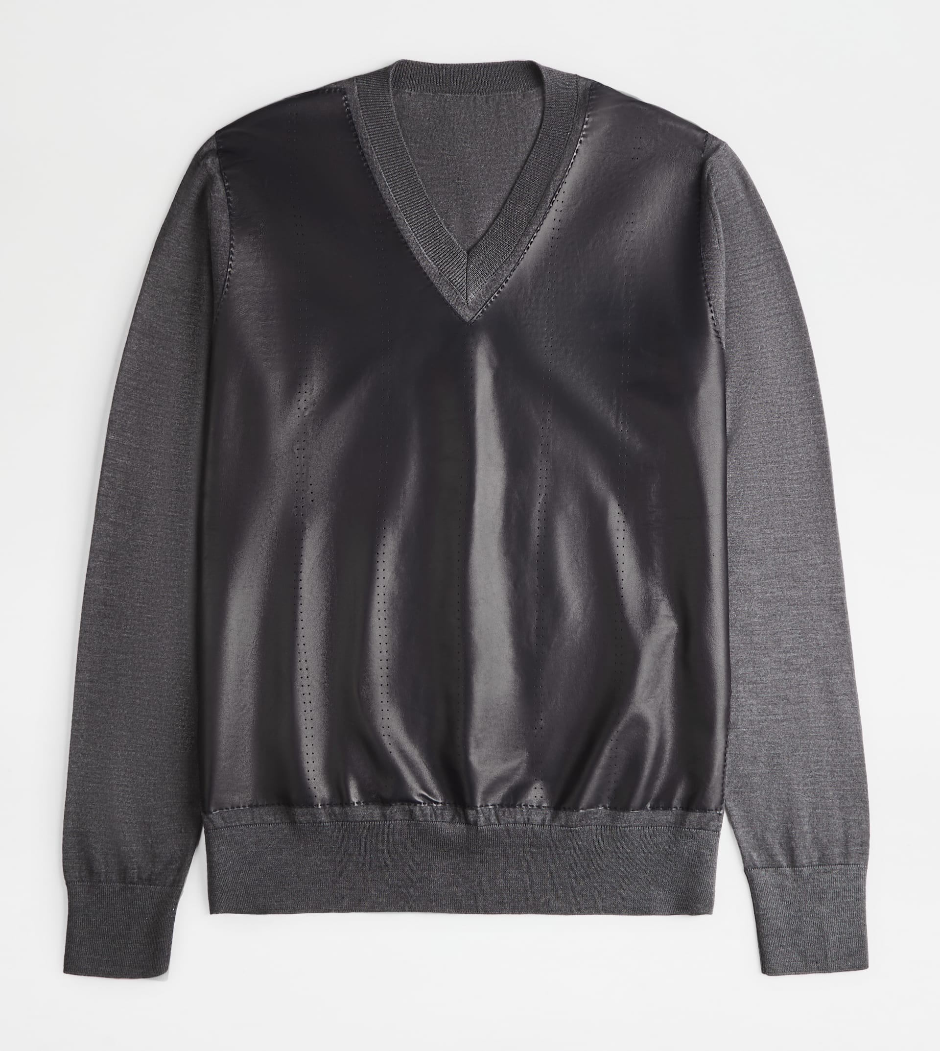 V-NECK PULLOVER WITH LEATHER INSERTS - GREY - 1