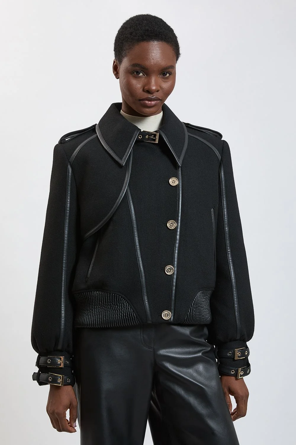Wool PU Tipped Short Coat - 1
