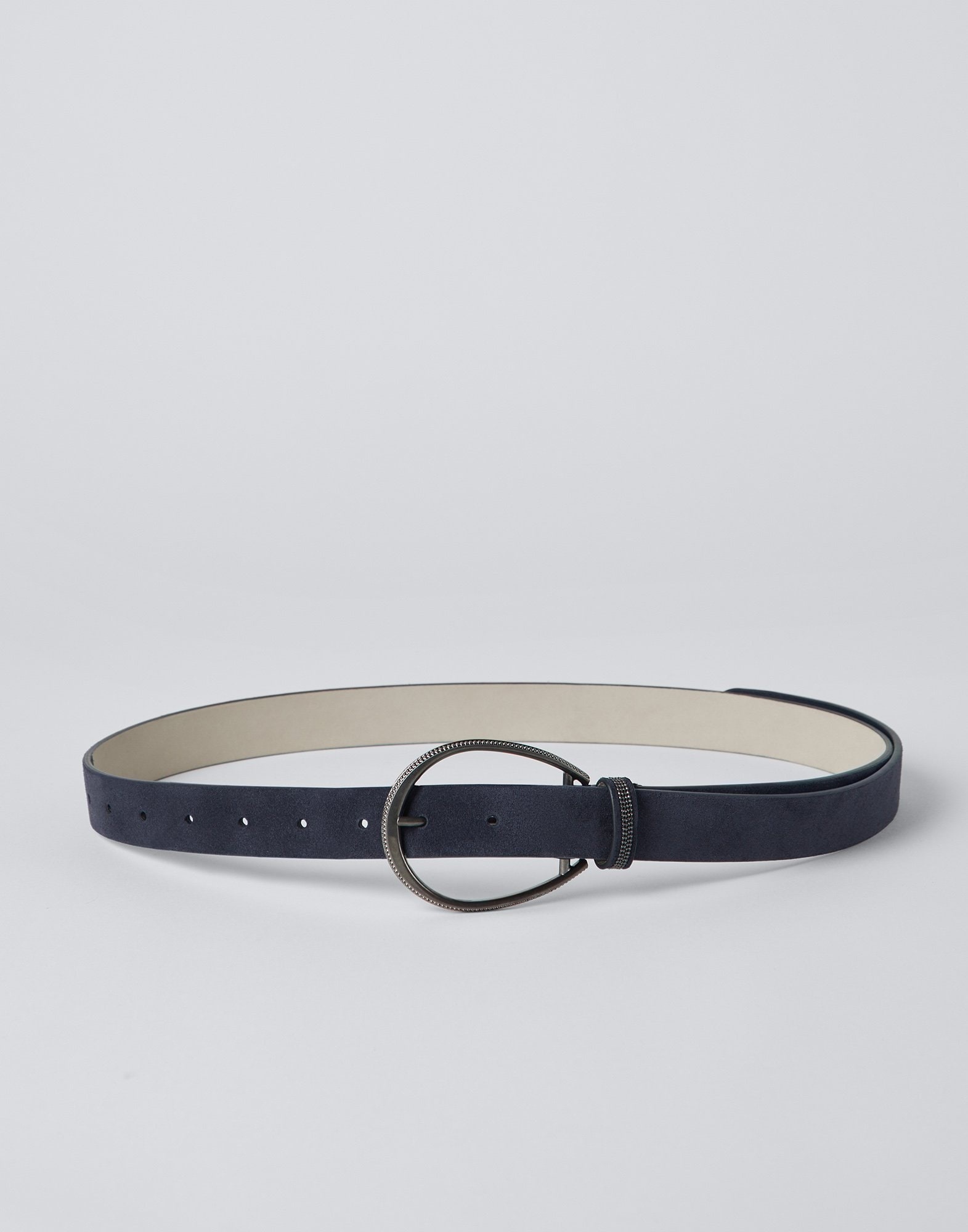 Suede-effect calfskin oval buckle belt with monili - 1