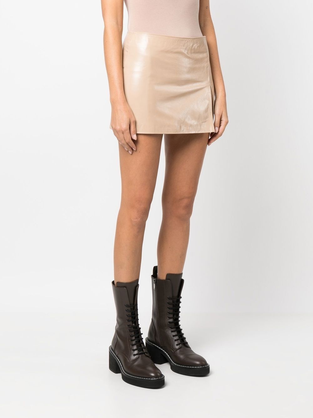 side-slit mini leather skirt - 3