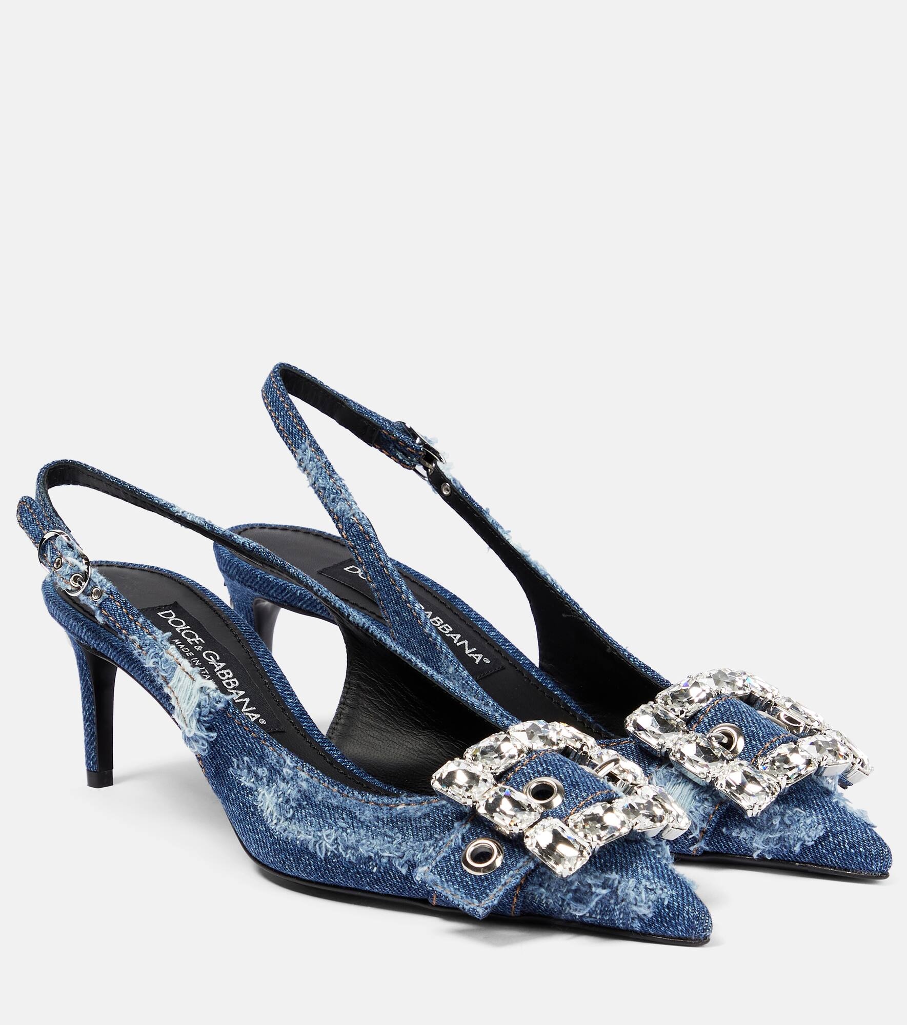 Embellished denim slingback pumps - 1