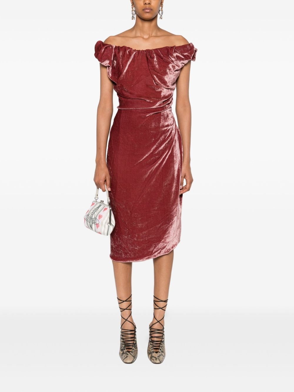 off-shoulder velvet midi dress - 2