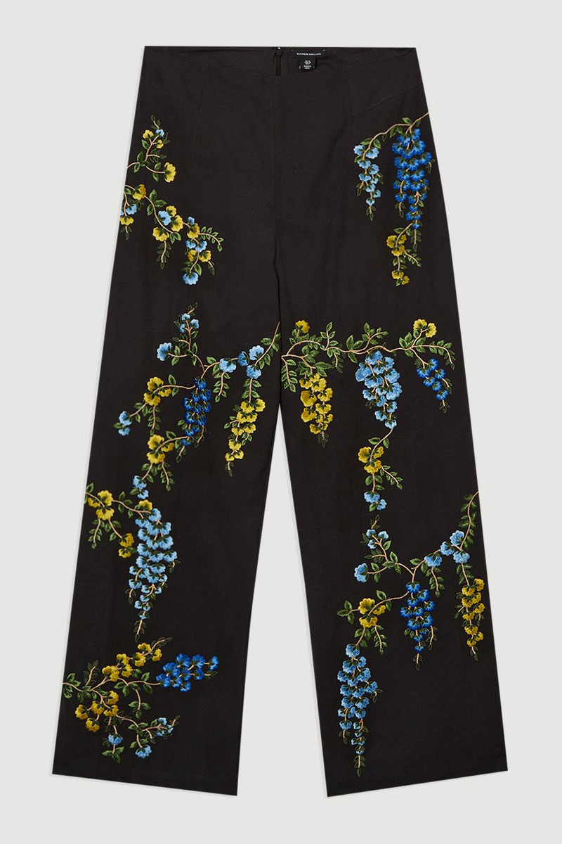 Floral Embroidered Cotton Linen Woven Wide Leg Trousers 4