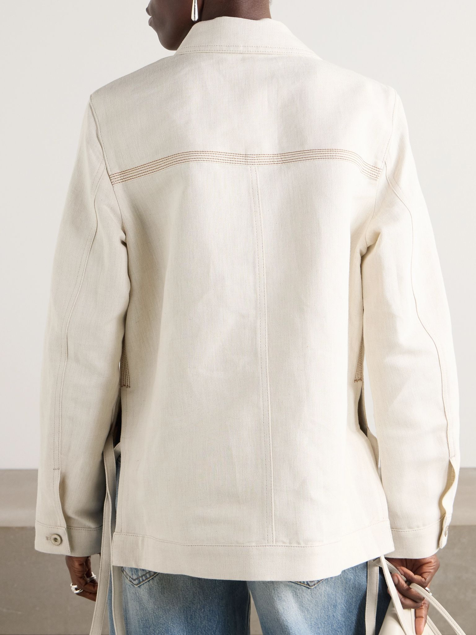 Asymmetric leather-trimmed cotton and linen-blend drill jacket Cream - 4