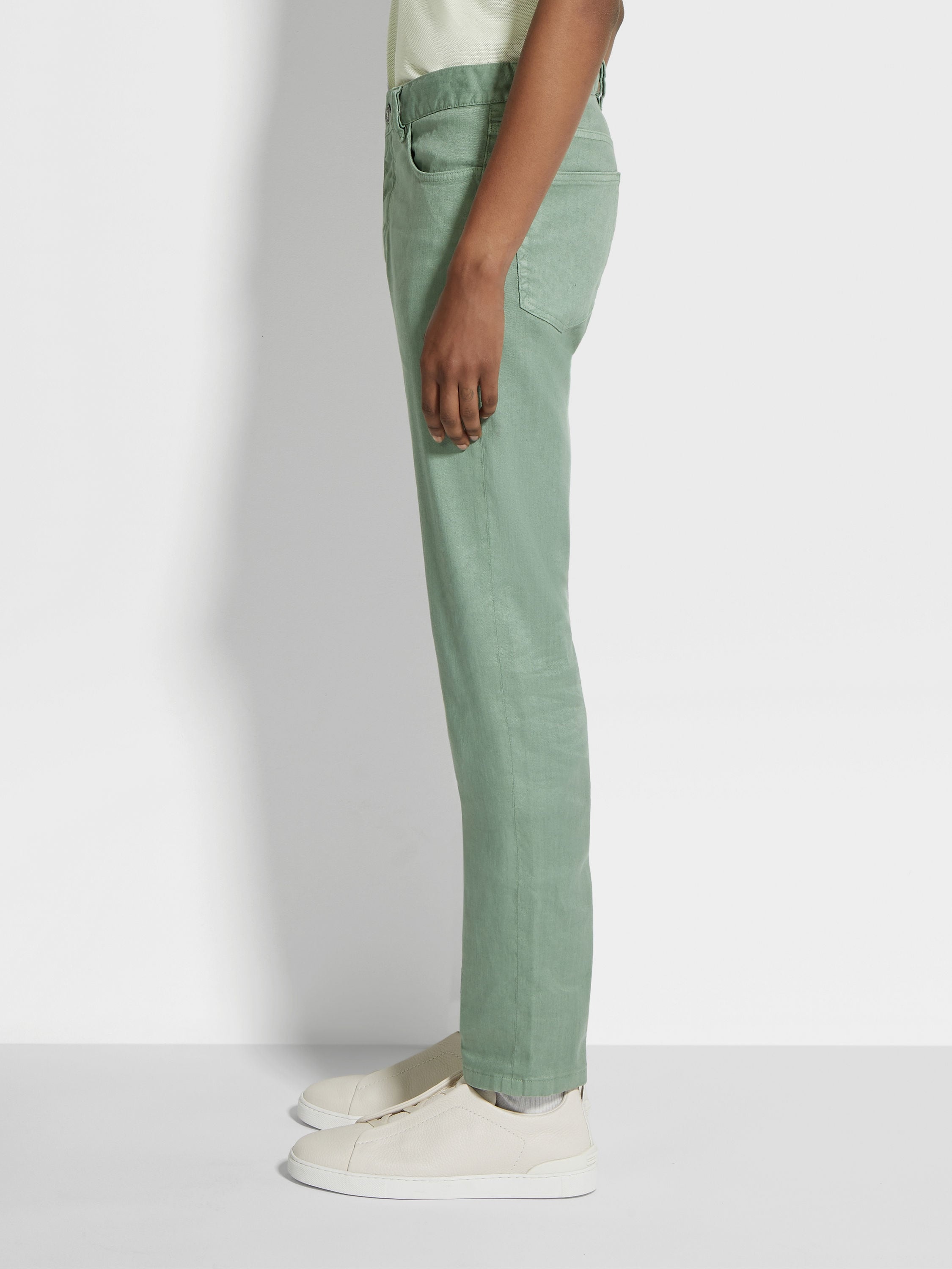SAGE GREEN STRETCH LINEN AND COTTON ROCCIA JEANS - 3