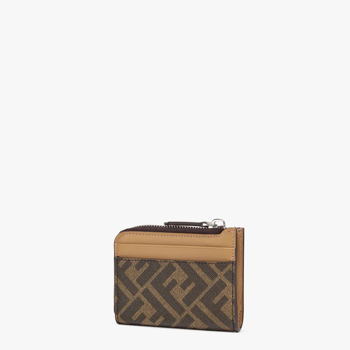 Card holder with two side zips. Made of textured fabric with FF motif in brown and tobacco. Embellis - 2