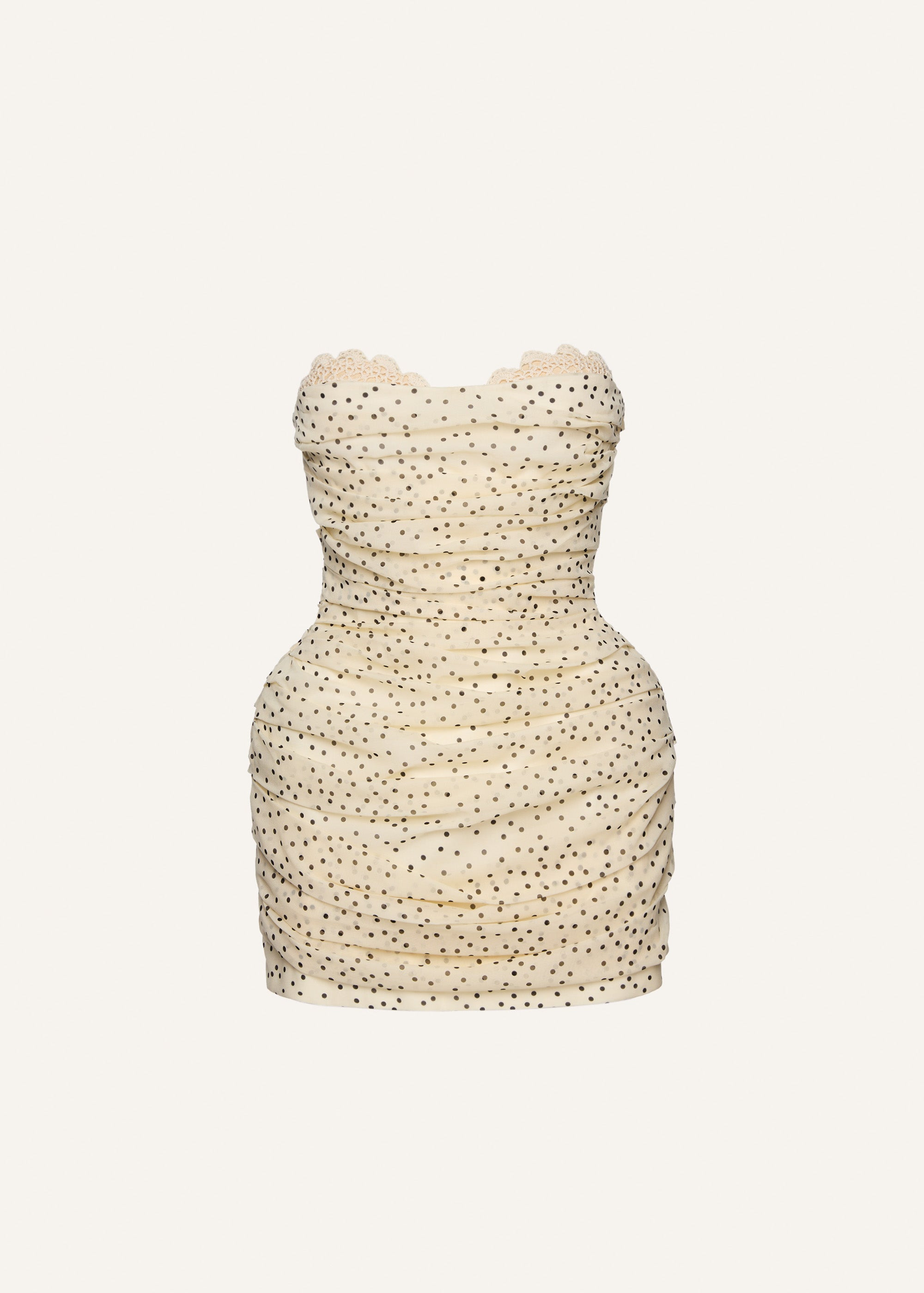 Strapless ruched silk mini dress in cream dots - 1