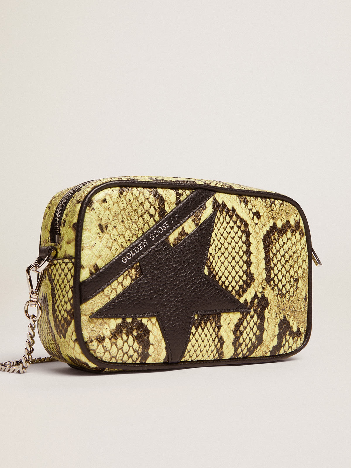 Mini Star Bag in lime-colored snake-print leather with black leather star - 5