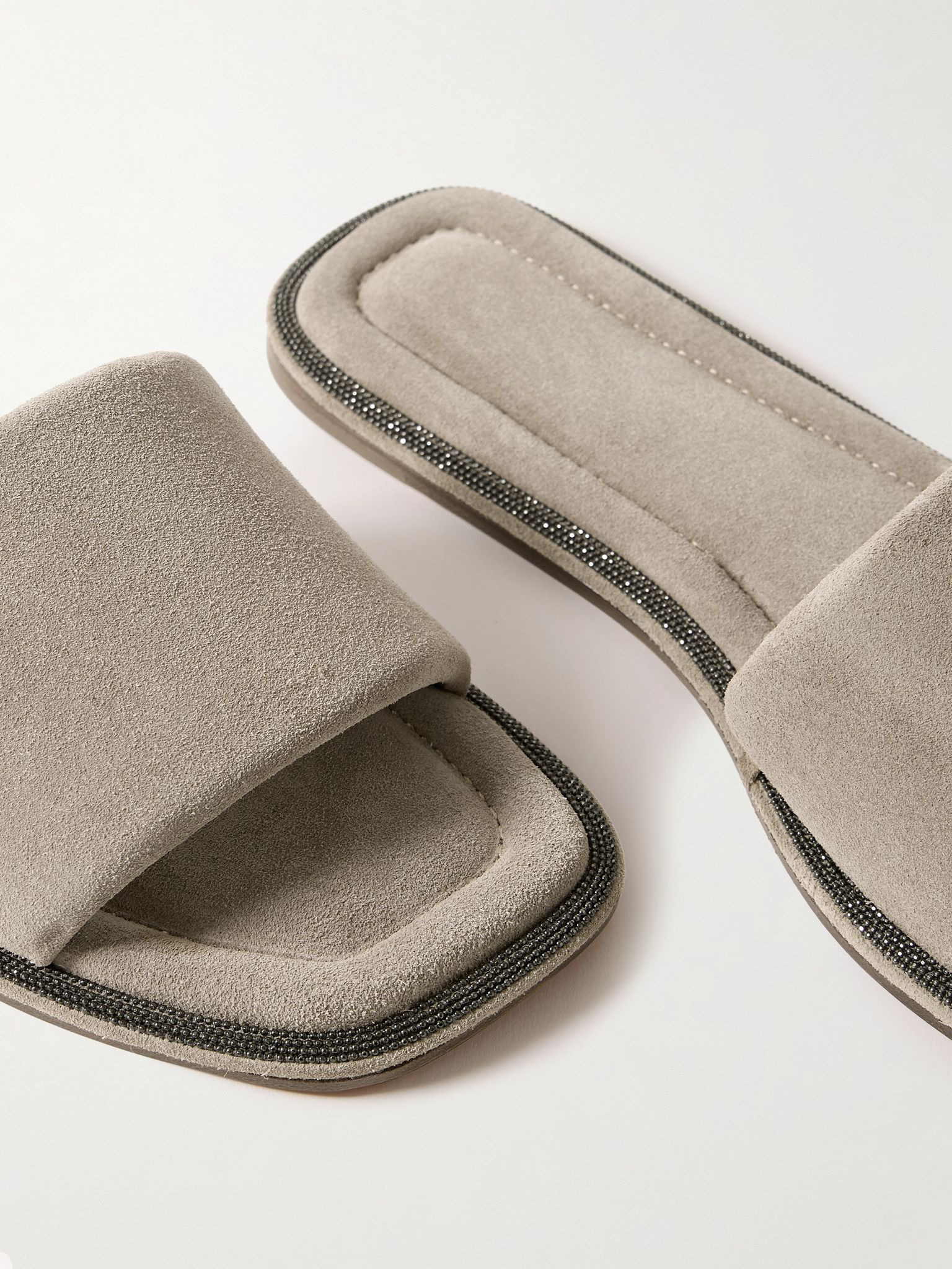 Bead-embellished suede slides Taupe - 4
