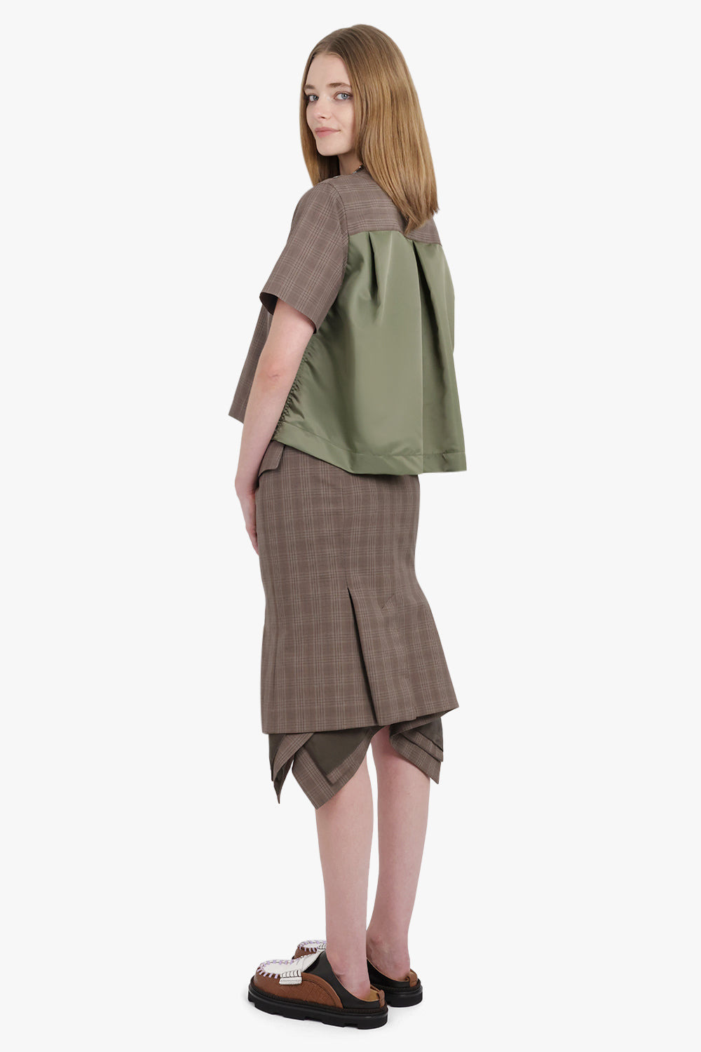 ASYMMETRIC FLARED HEM CHECK MIDI SKIRT WITH BUTTON DETAIL | BROWN - 4