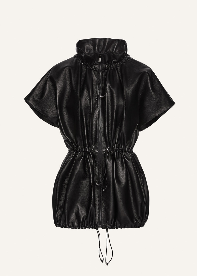 Elasticized leather peplum jacket in black 1