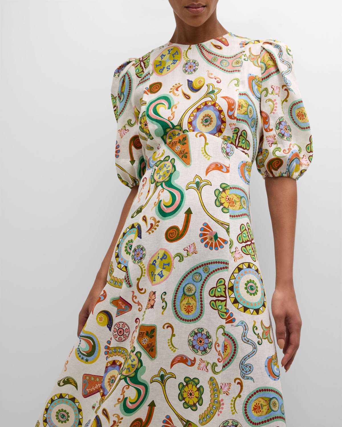 Arcade Puff-Sleeve Multicolor Linen Midi Dress - 7